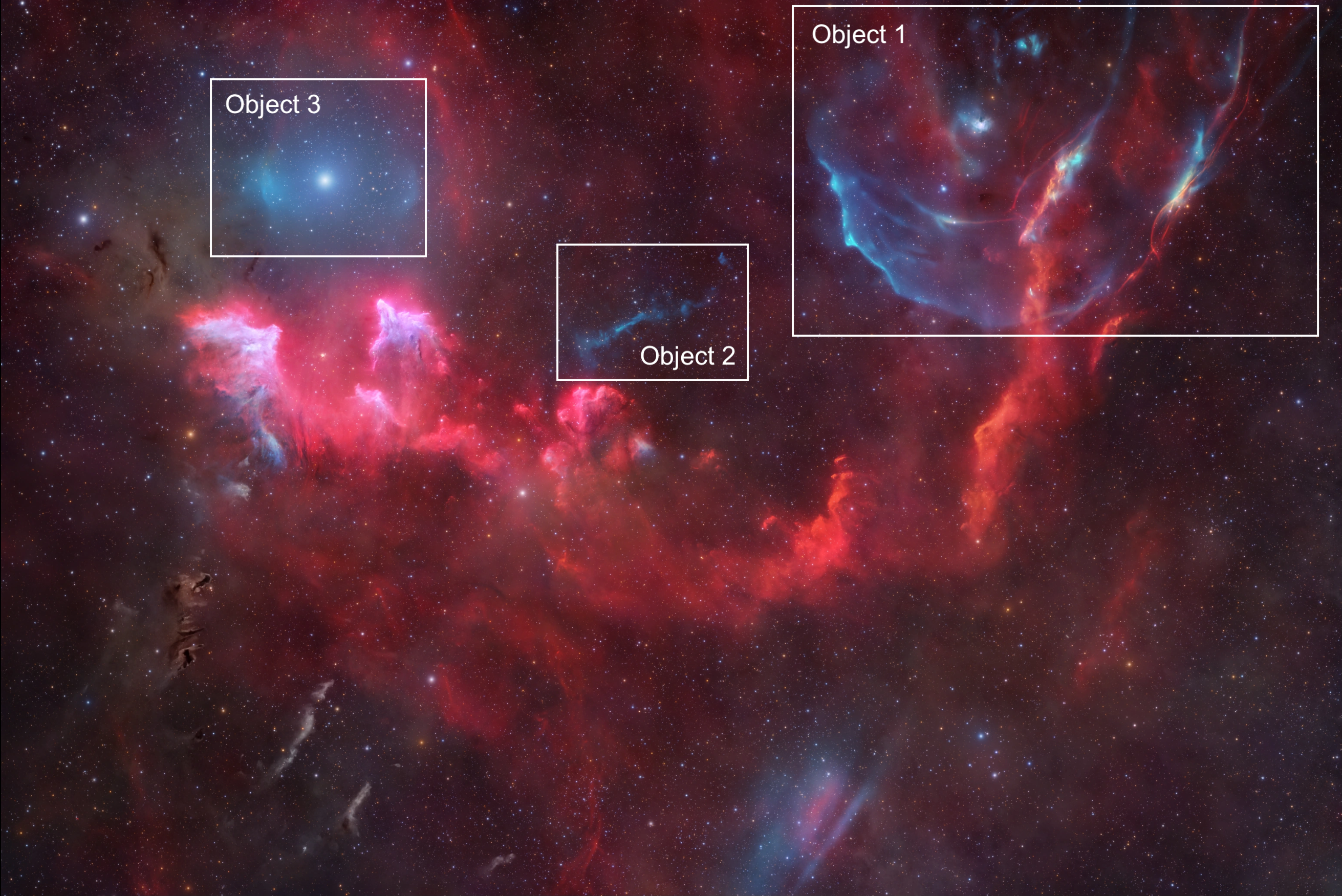 The sky is speckled with stars. Bright tufts of emission nebulae trace across the image's equator. Arcs and smudges of ionized oxygen emission also included. The three new objects visible in oxygen are labeled.
