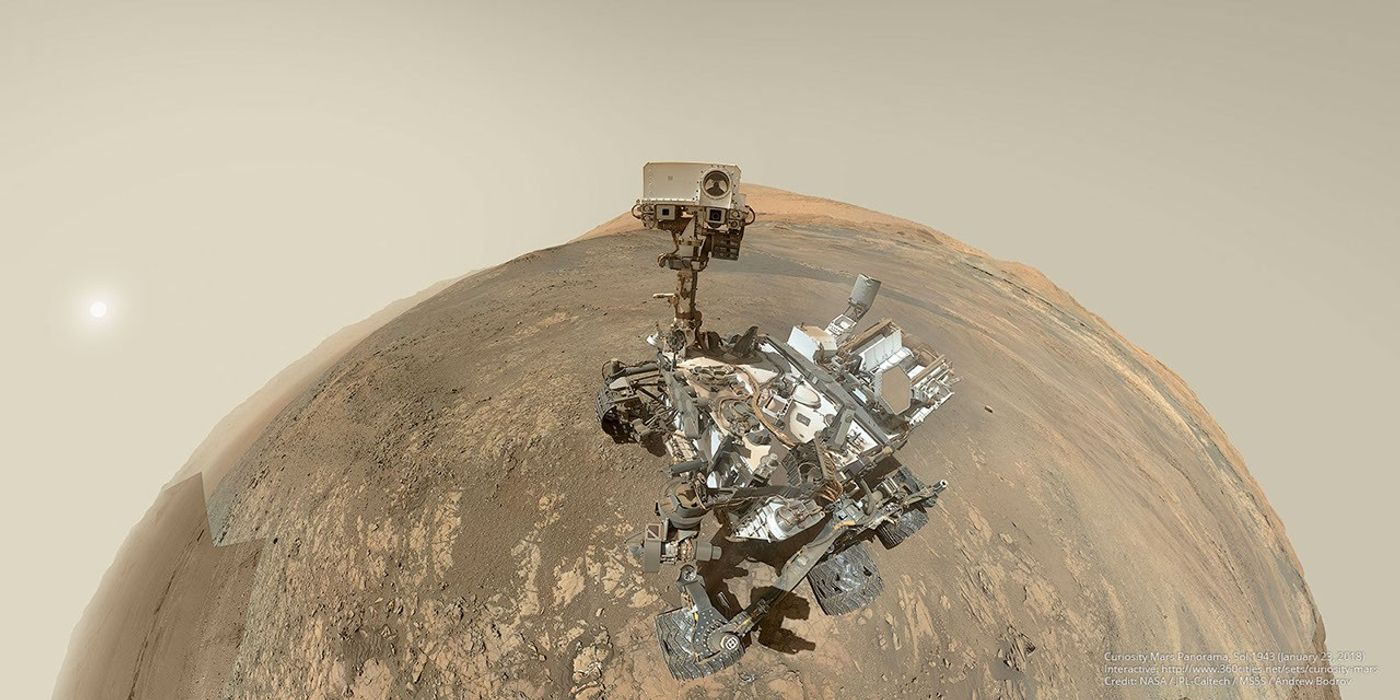 Fisheye wide-angle image of the Curiosity rover on Mars.