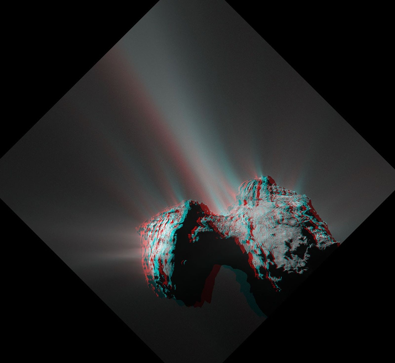 Red/blue stereo anaglyph of comet 67P.
