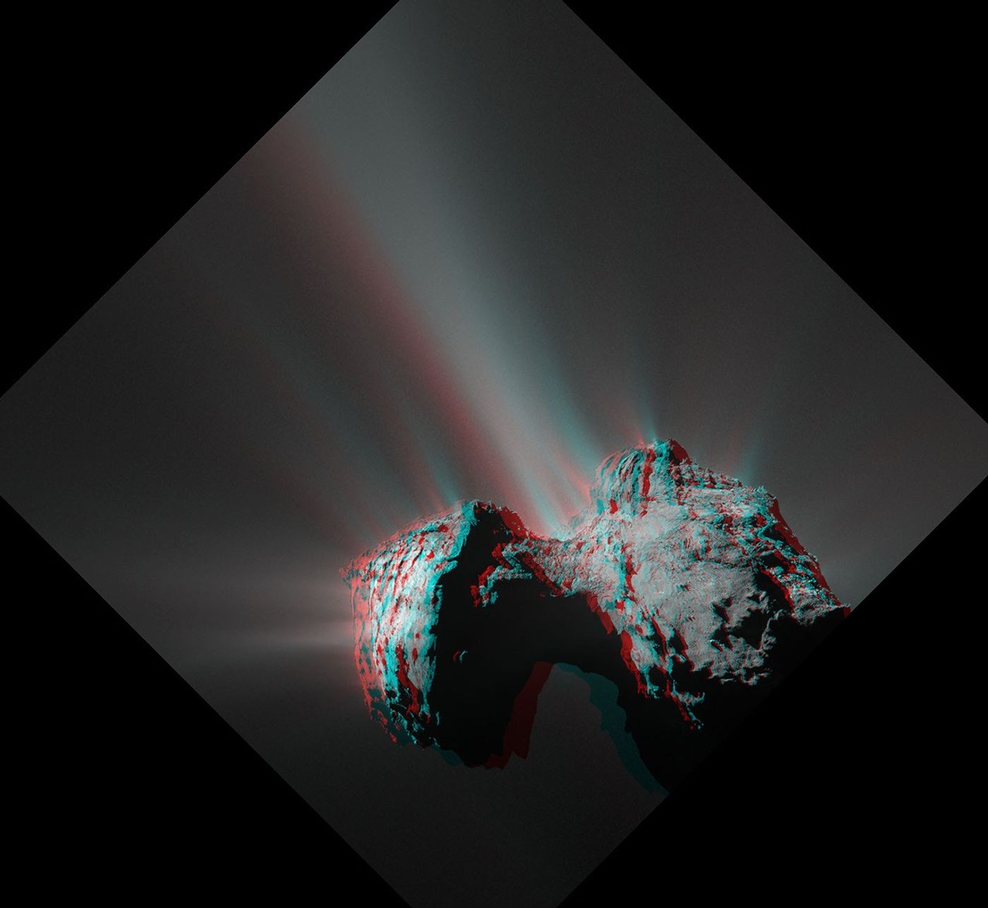 Red/blue stereo anaglyph of comet 67P.