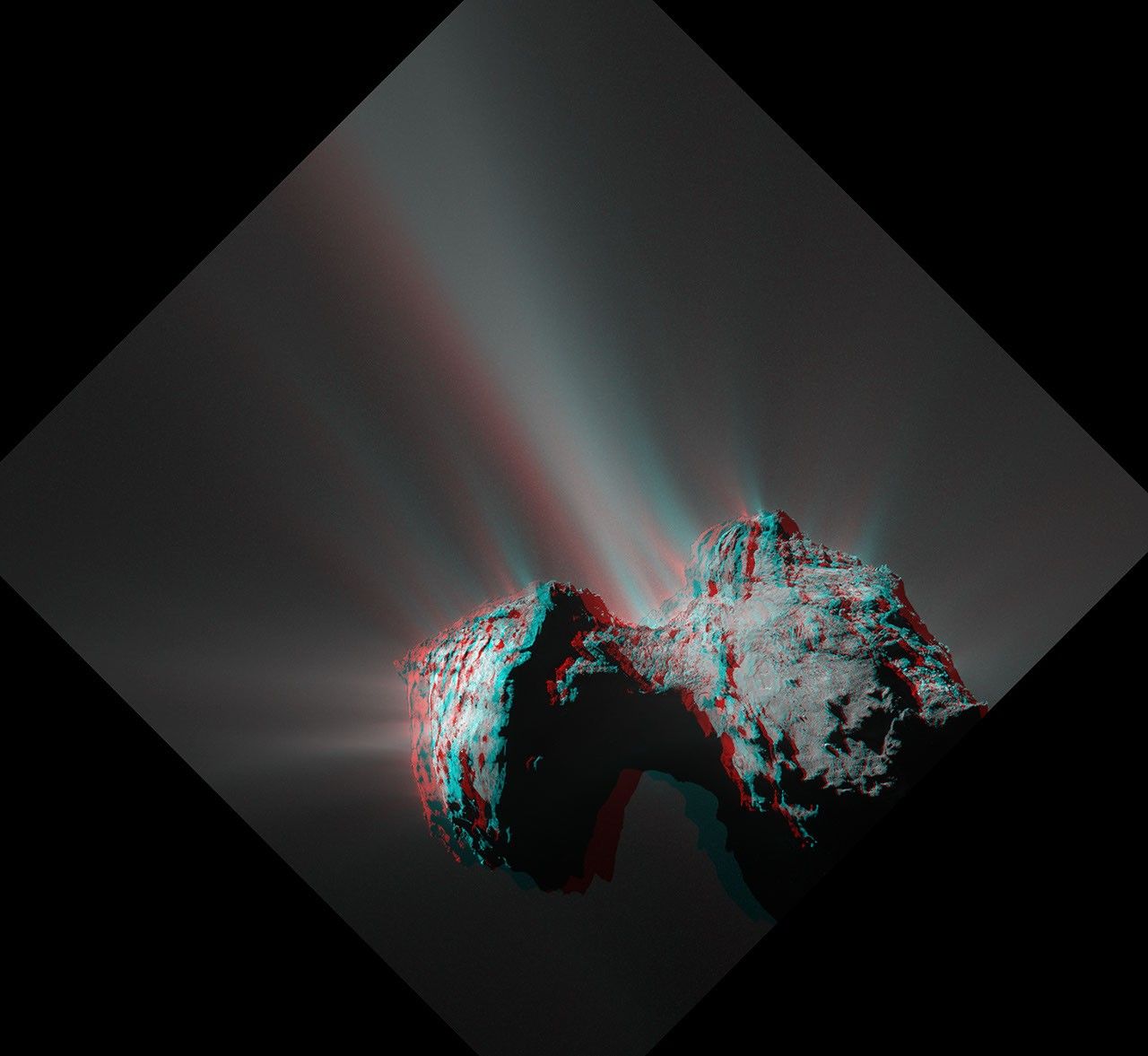 Red/blue stereo anaglyph of comet 67P.