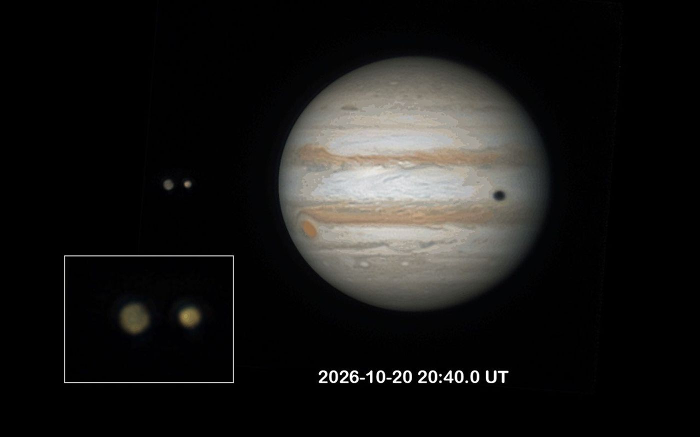 The disk of Jupiter sits to the right. The giant red spot rotates into view and the horizontal cloud streams swirl. To the left, Ganymede passes in front of Io. An inlet shows this zoomed in. Ganymede casts a shadow on Jupiter's disk.