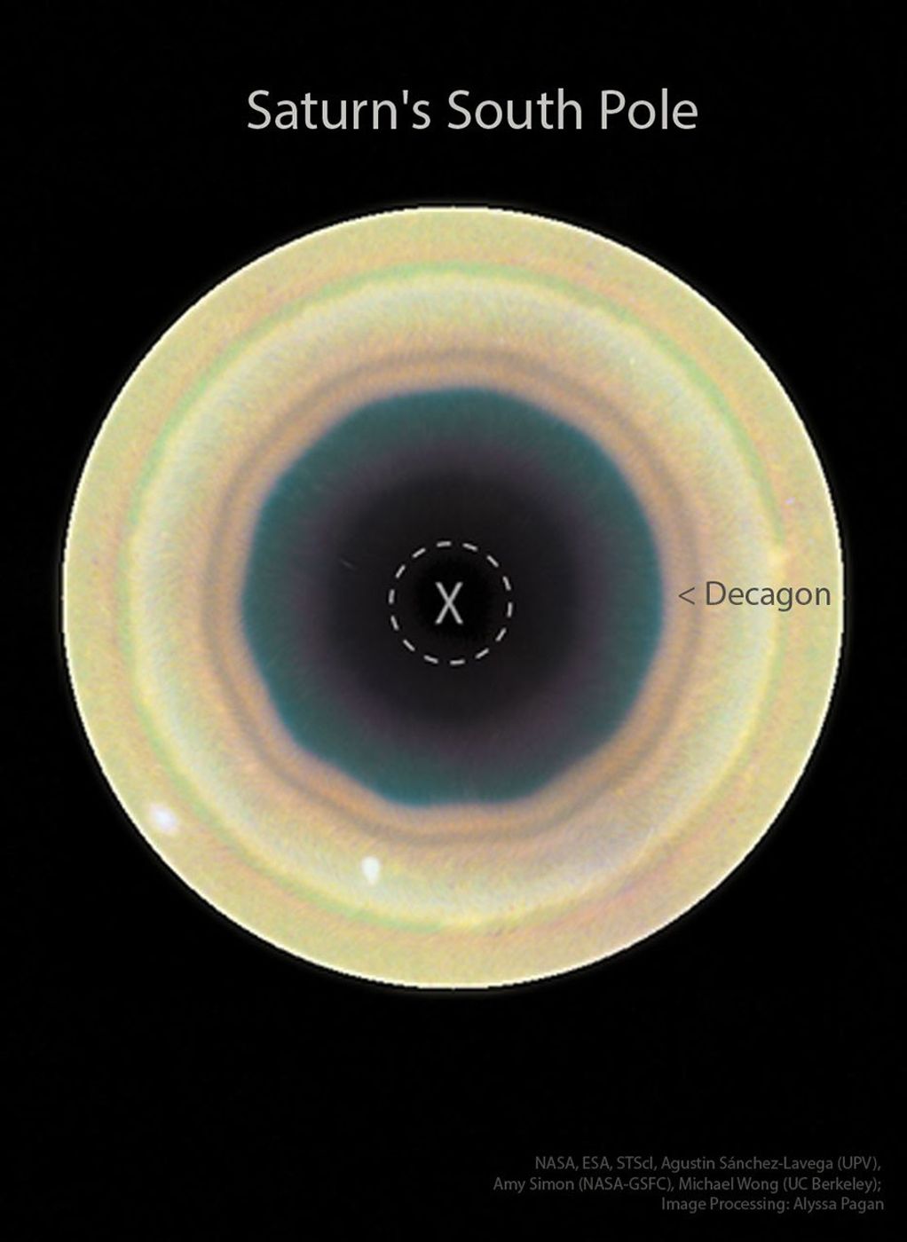 A dark field has a bright circular disk near the center. Around the center of this disk are bands. One of the bands appear particularly geometric and appears to have 10 sides. Please see the explanation for more detailed information.