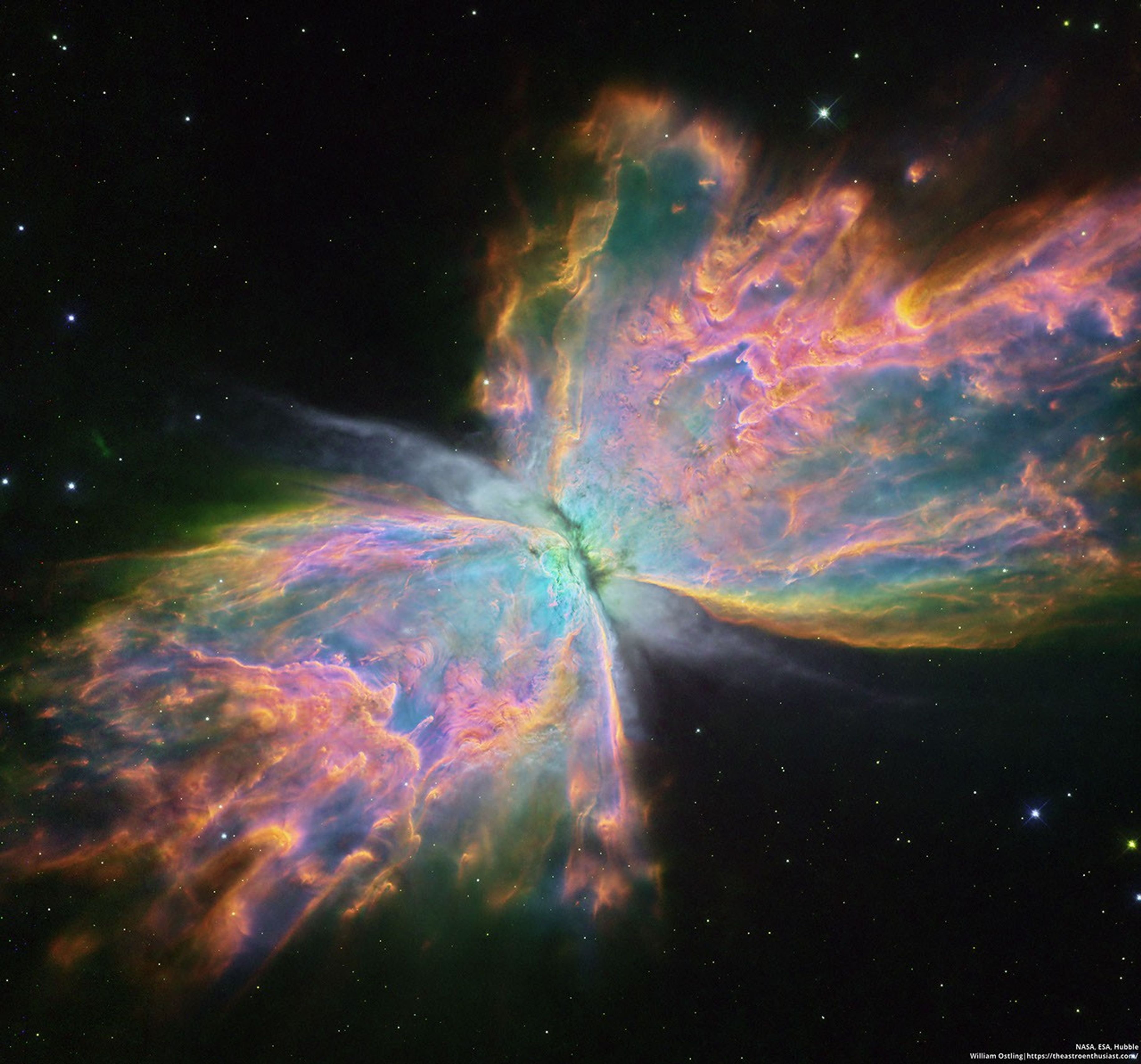 The featured image shows the Butterfly Nebula as imaged by Hubble. The nebula appears very colorful due to a expansive color map used by the digitizing processor.  Please see the explanation for more detailed information.