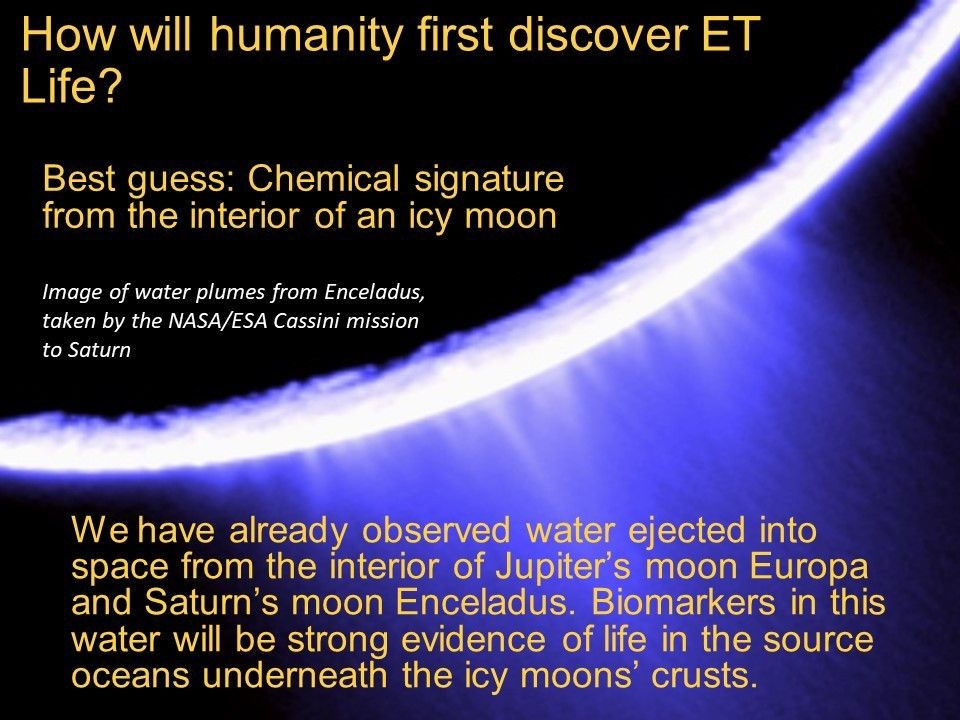 How will humanity first discover ET Life?
 Best guess: Chemical signature from the interior of an icy moon
 Image of water plumes from Enceladus,taken by the NASA/ESA Cassini 
 mission to Saturn
 We have already observed water ejected into space from the 
 interior of Jupiter�s moon Europa and Saturn�s moon Enceladus. 
 Biomarkers in this water will be strong evidence of life 
 in the source oceans underneath the icy moons� crusts.