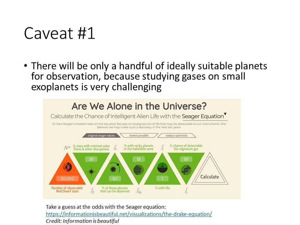 Caveat #1
 There will be only a handful of ideally suitable planets for observation, because studying gases on small exoplanets is very challenging
 Take a guess at the odds with the Seager equation: https://informationisbeautiful.net/visualizations/the-drake-equation/ 
 Credit: Information is beautiful
