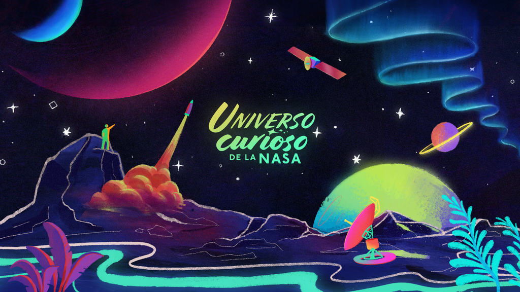 Una imagen rectangular muestra en el centro un logo que dice �Universo curioso de la NASA� en amarillo y verde claro brillantes. El fondo es negro y azul oscuro con varias ilustraciones de estrellas blancas. La parte superior de la imagen contiene varias ilustraciones: en la esquina derecha hay una esfera fucsia y otra m�s peque�a y azulada. En la esquina izquierda aparece una franja gruesa azulada en zigzag; debajo hay un sat�lite multicolor y un planeta rosado y naranja con un anillo amarillo. La parte inferior de la imagen cuenta con m�s ilustraciones. A la derecha, una peque�a figura humana extiende un brazo hacia arriba, parada sobre una colina negra, violeta y p�rpura. A su izquierda, un peque�o cohete despega dejando un halo amarillo y naranja. En la esquina inferior, hay una planta fucsia. Detr�s, una franja celeste brillante atraviesa la imagen. En la mitad derecha hay una esfera amarillenta asom�ndose detr�s del horizonte rocoso, y una antena multicolor. A su derecha, se asoman dos hojas de plantas celestes.