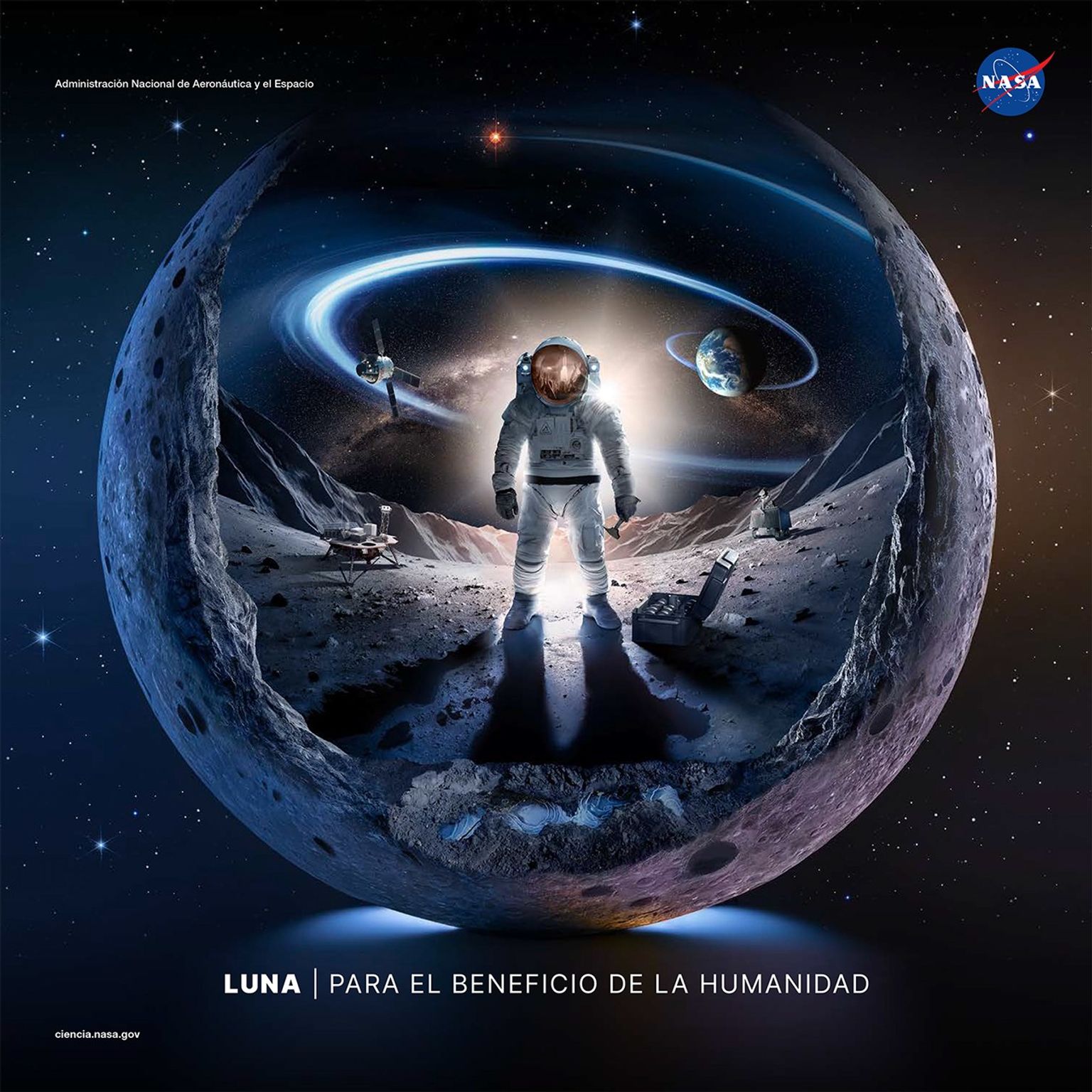 Póster de la NASA que muestra una figura de astronauta sobre la Luna, con la Tierra y el espacio estrellado de fondo.