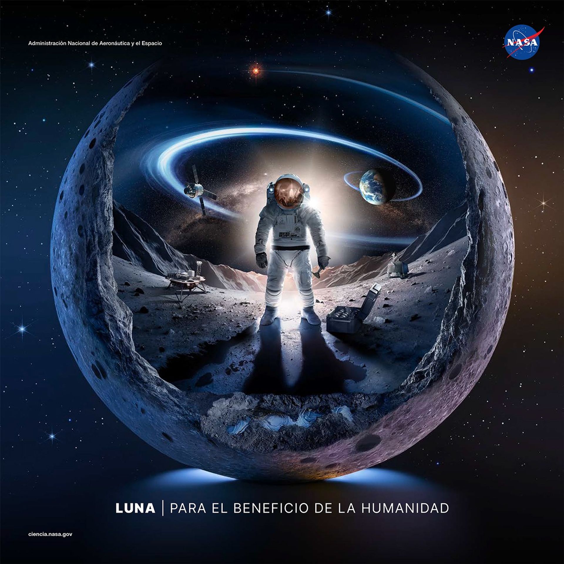 Póster de la NASA que muestra una figura de astronauta sobre la Luna, con la Tierra y el espacio estrellado de fondo.