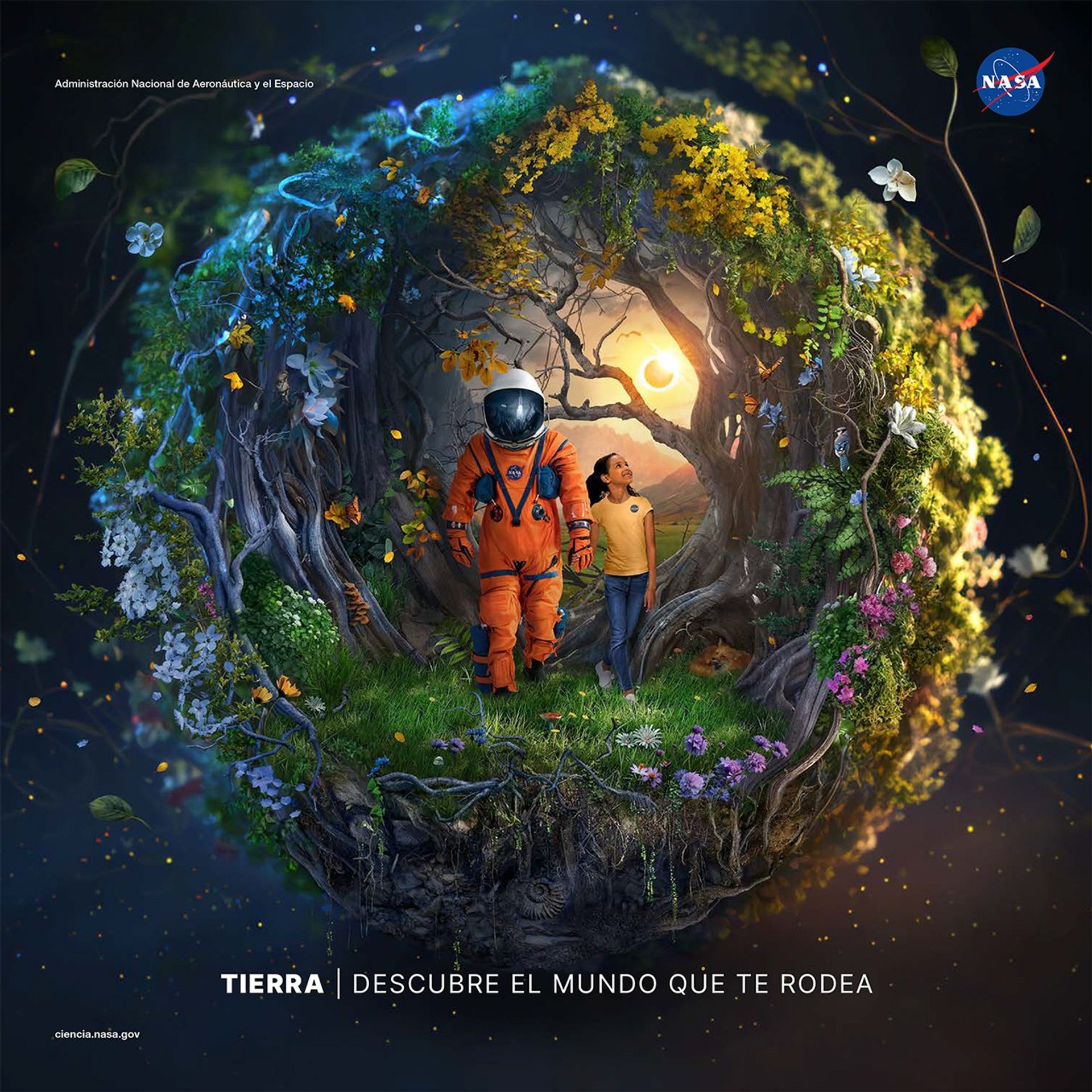 Póster de la Tierra en la que se ve a una niña de la mano de un o una astronauta caminando entre vegetación.