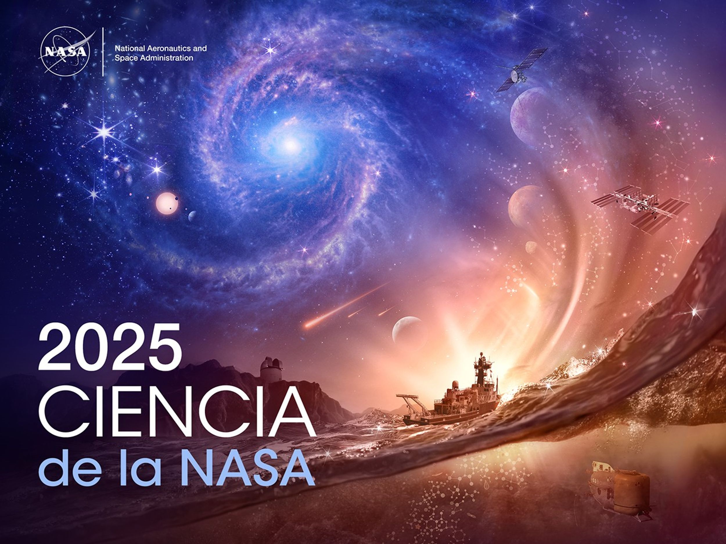 Esta ilustración muestra un corte seccional de una ola oceánica en colores rosados, azules y morados del atardecer. La ola sube hacia la derecha, siguiendo el movimiento de las auroras rosadas y doradas luminiscentes en el horizonte. Las auroras se curvan hacia arriba a través del cielo, hasta juntarse con una gran galaxia espiral de tonos azules y morados en la parte superior izquierda. En el lado más apartado de la galaxia, hay un sistema de exoplanetas y lejanas galaxias de campo profundo. En la trayectoria de las auroras está la Luna de la Tierra, el asteroide Bennu, Marte y Europa: todos cuerpos de nuestro sistema solar donde se ha encontrado agua. Sobre el horizonte, la estación espacial internacional se mantiene en el cielo, mientras que la misión Europa Clipper sobrevuela cerca de la luna helada de Júpiter. Desde las profundidades del océano se elevan estructuras moleculares, que se convierten en constelaciones al llegar al cielo. Estas siguen a las auroras en su trayectoria hacia arriba, hacia la galaxia, conectando la vida con las estrellas. Unos cuantos meteoros cruzan la región central del cielo. Iluminado desde atrás por el sol poniente, un buque de investigación financiado por la NASA navega en primer plano. Debajo de la superficie del océano, el sumergible de la embarcación explora las profundidades del océano. Un observatorio terrestre se levanta sobre un acantilado en el horizonte. En la esquina superior izquierda de la imagen se encuentra el logo de la NASA y se lee Administración Nacional de Aeronáutica y el Espacio. En la esquina inferior izquierda, dice, en letras grandes, 2025 Ciencia de la NASA.