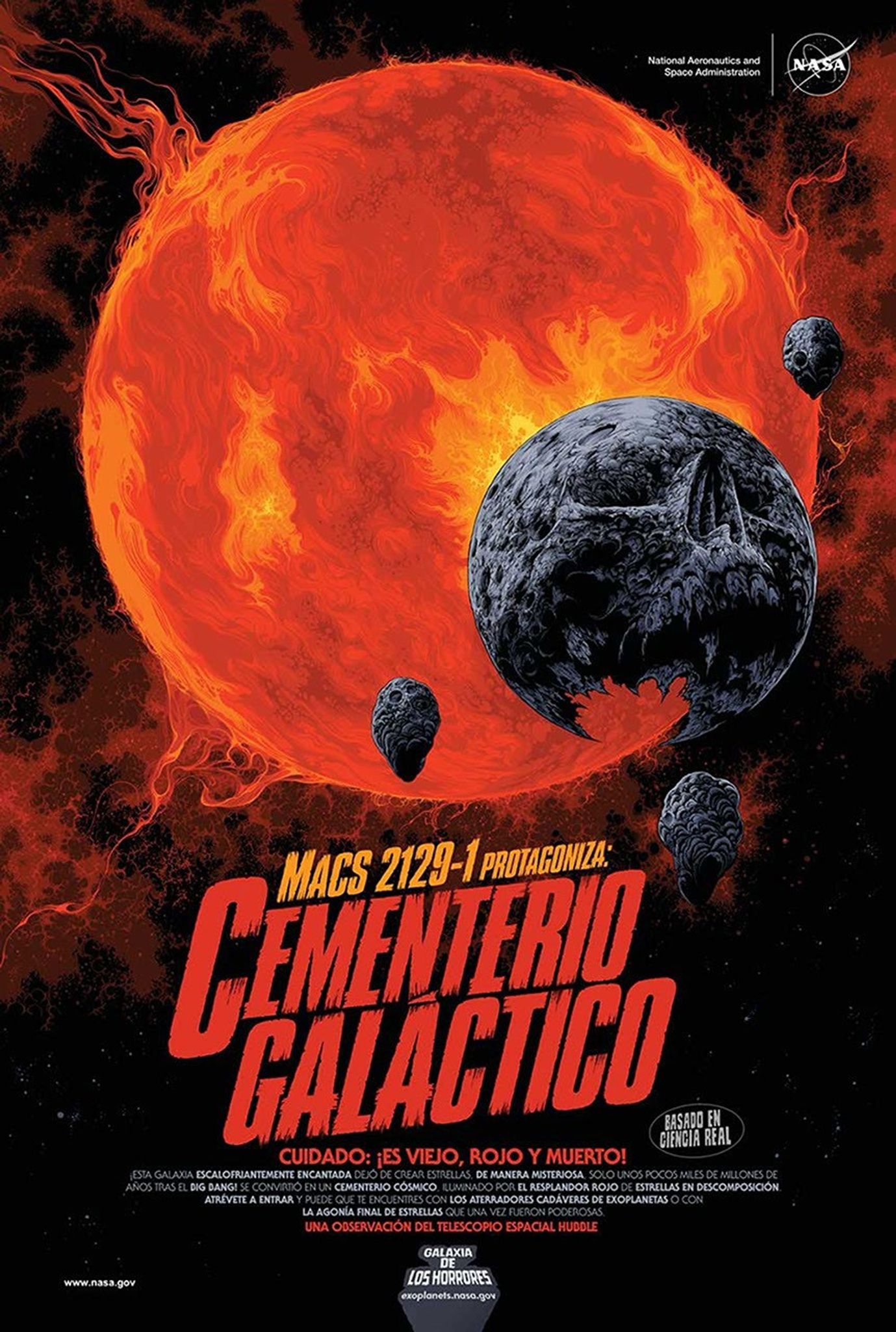 Una calavera destrozada orbita alrededor de una estrella resplandeciente en este p�ster cient�fico inspirado en Halloween.