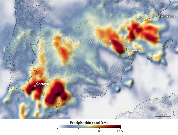 Este mapa muestra los totales de acumulación de lluvia sobre Valencia, España, desde el 29 de octubre hasta el 4 de noviembre de 2024.