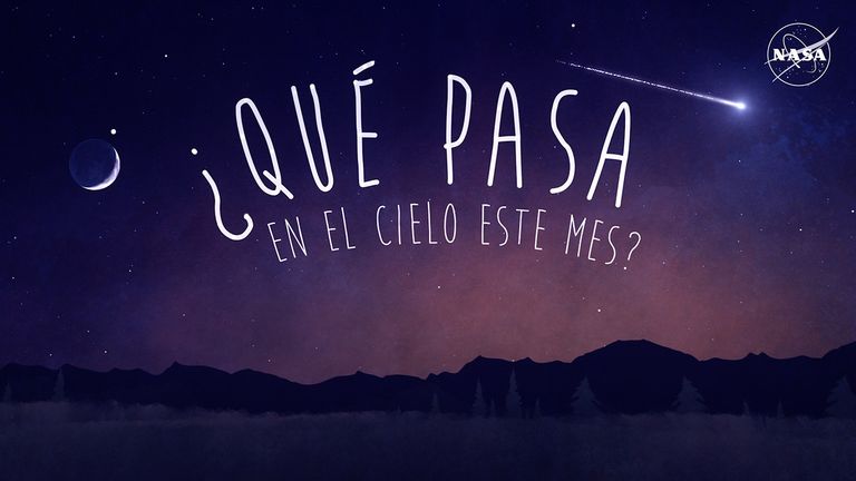 Thumbnail genérico de la serie de videos ¿Qué pasa en el cielo este mes?, en el que se lee el título de la serie en letras blancas y grandes en el centro de la imagen. El fondo es un cielo nocturno en tonos de violeta, con una luna a la izquierda y un meteoro a la derecha.