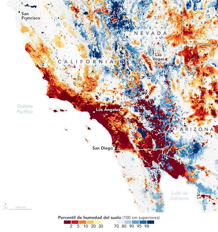 Mapa que muestra el percentil de humedad del suelo en el condado de Los Ángeles en 2025.