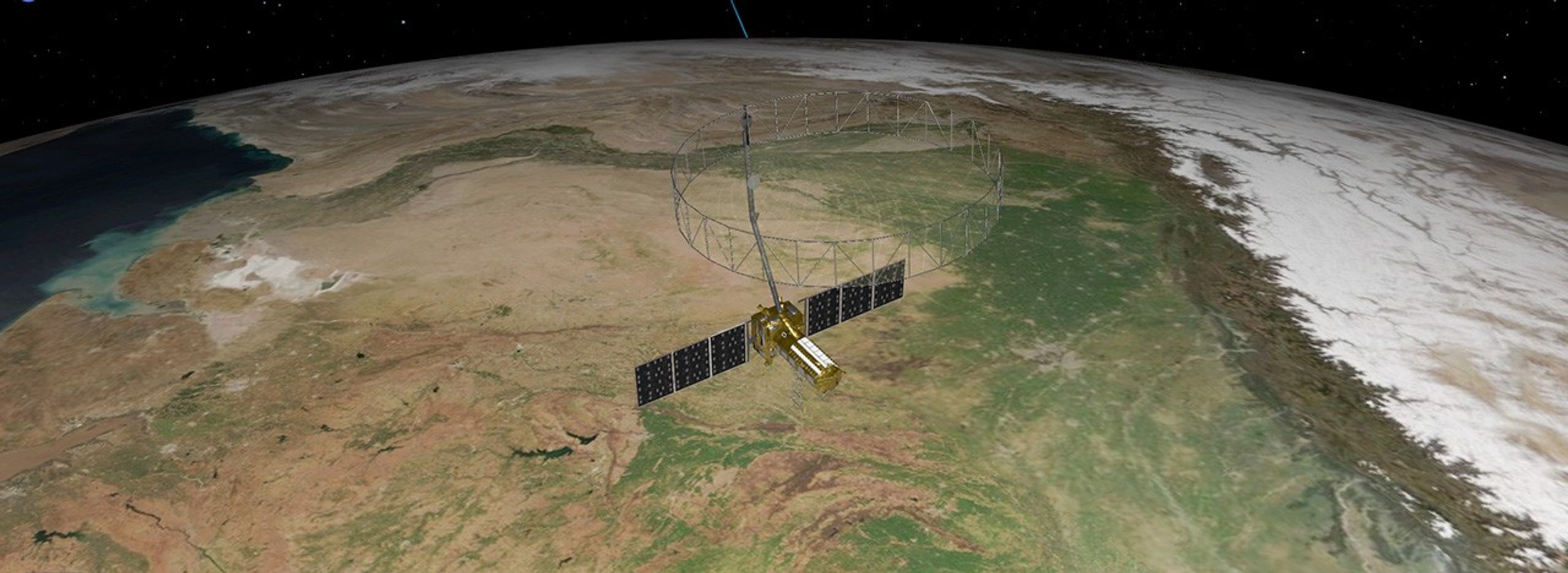 Ilustración del satélite NISAR orbitando la Tierra.