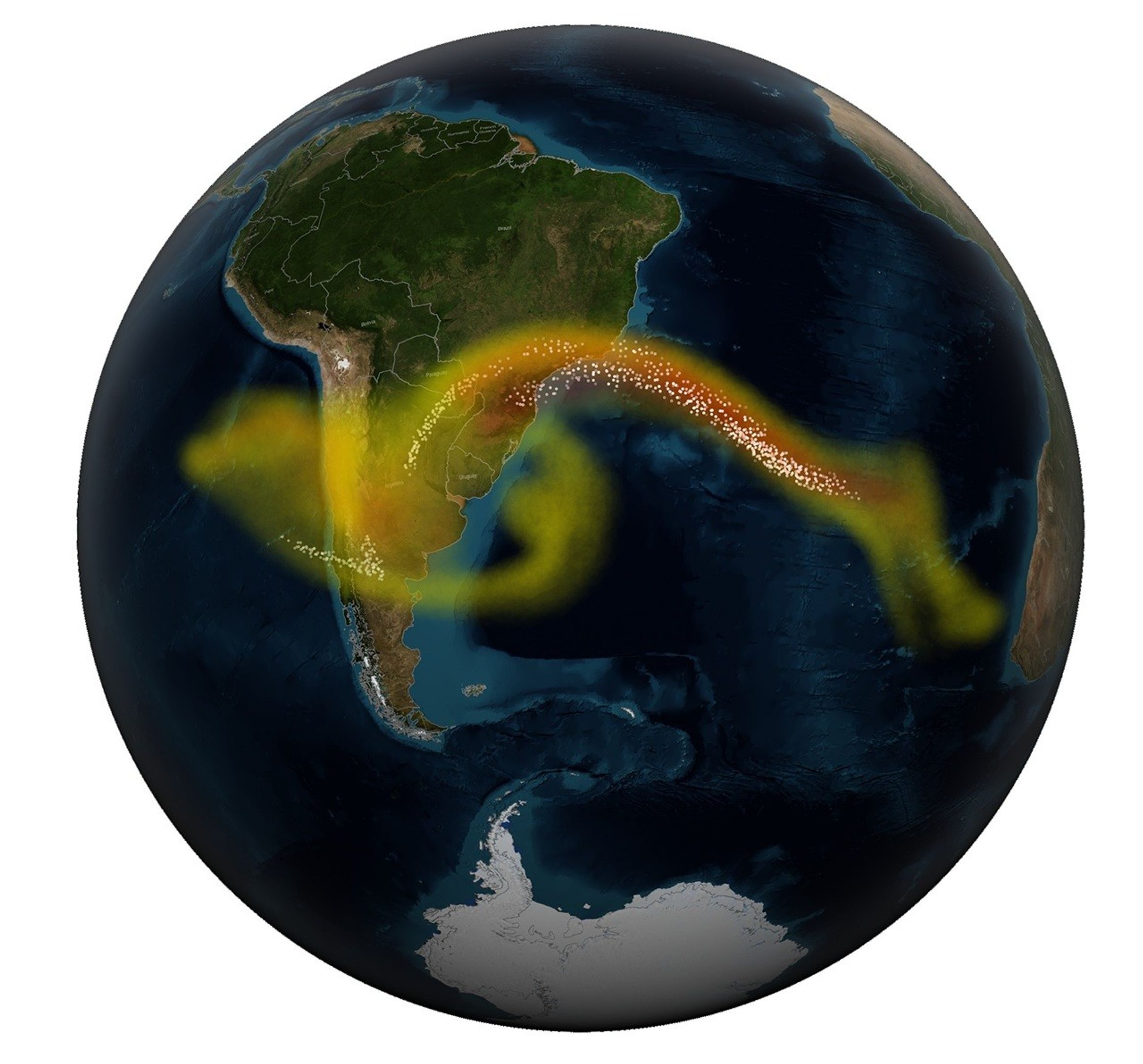 Imagen fija: datos del modelo GEOS 5 que muestran el dióxido de azufre (amarillo/rojo) y las cenizas volcánicas (puntos blancos) tras una erupción.