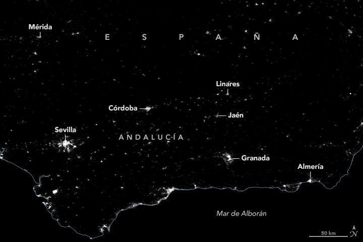 Mapa satelital de Andalucía, España, el 28 de abril de 2025.