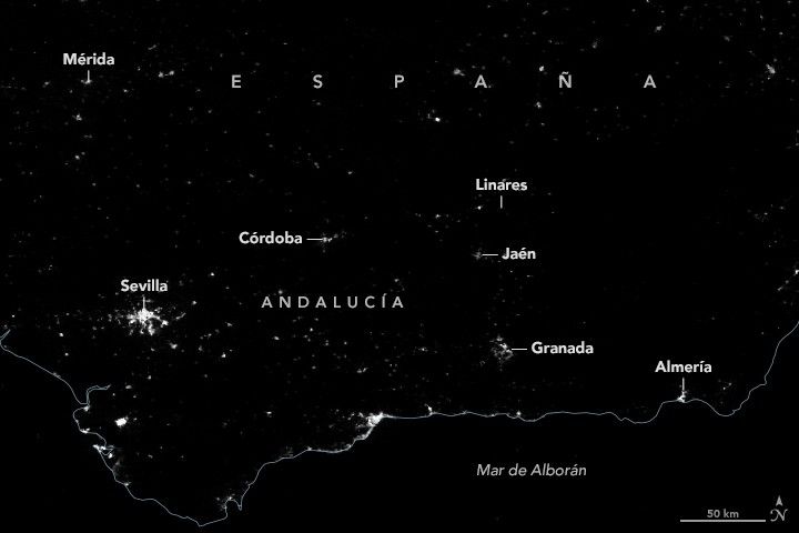 Mapa satelital de Andalucía, España, el 29 de abril de 2025.