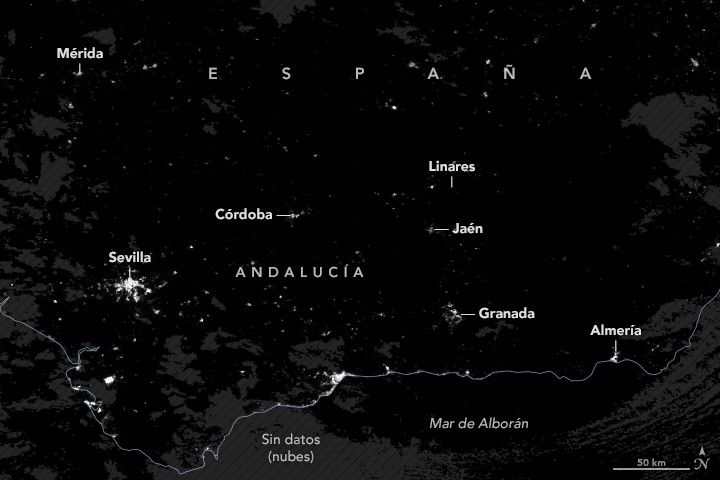 Mapa satelital de Andalucía, España.