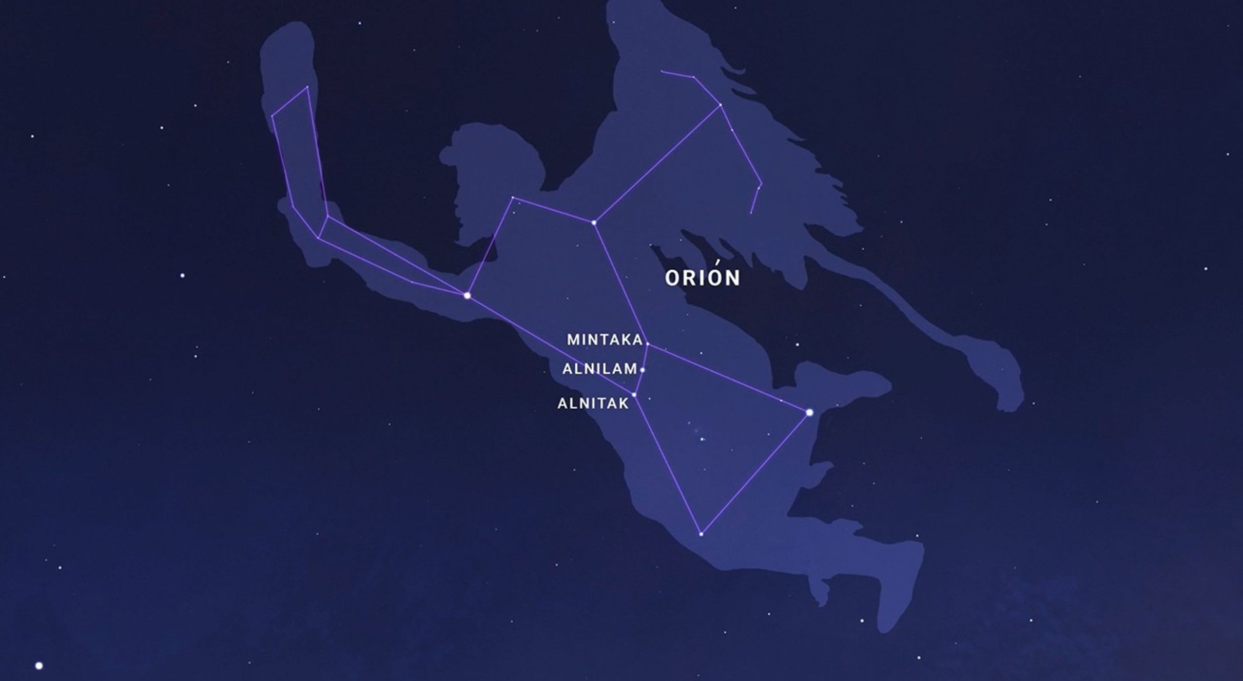 La imagen muestra una figura en el cielo: el cazador Orión, que da nombre a la constelación. Se distinguen las estrellas que componen el cinturón, Mintaka, Alnilam y Alnitak.