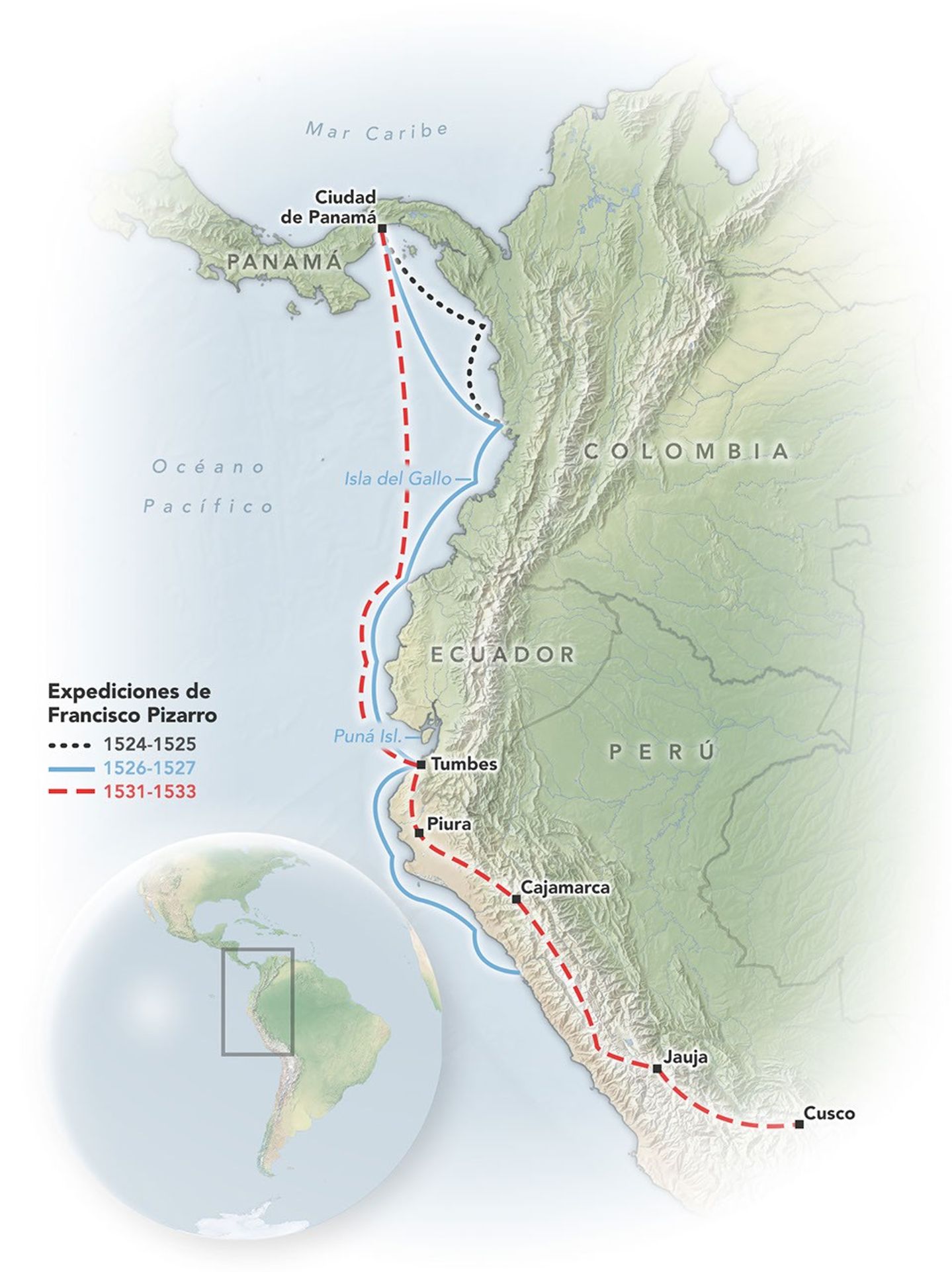Mapa que muestra las expediciones de Francisco Pizarro en Sudamérica.