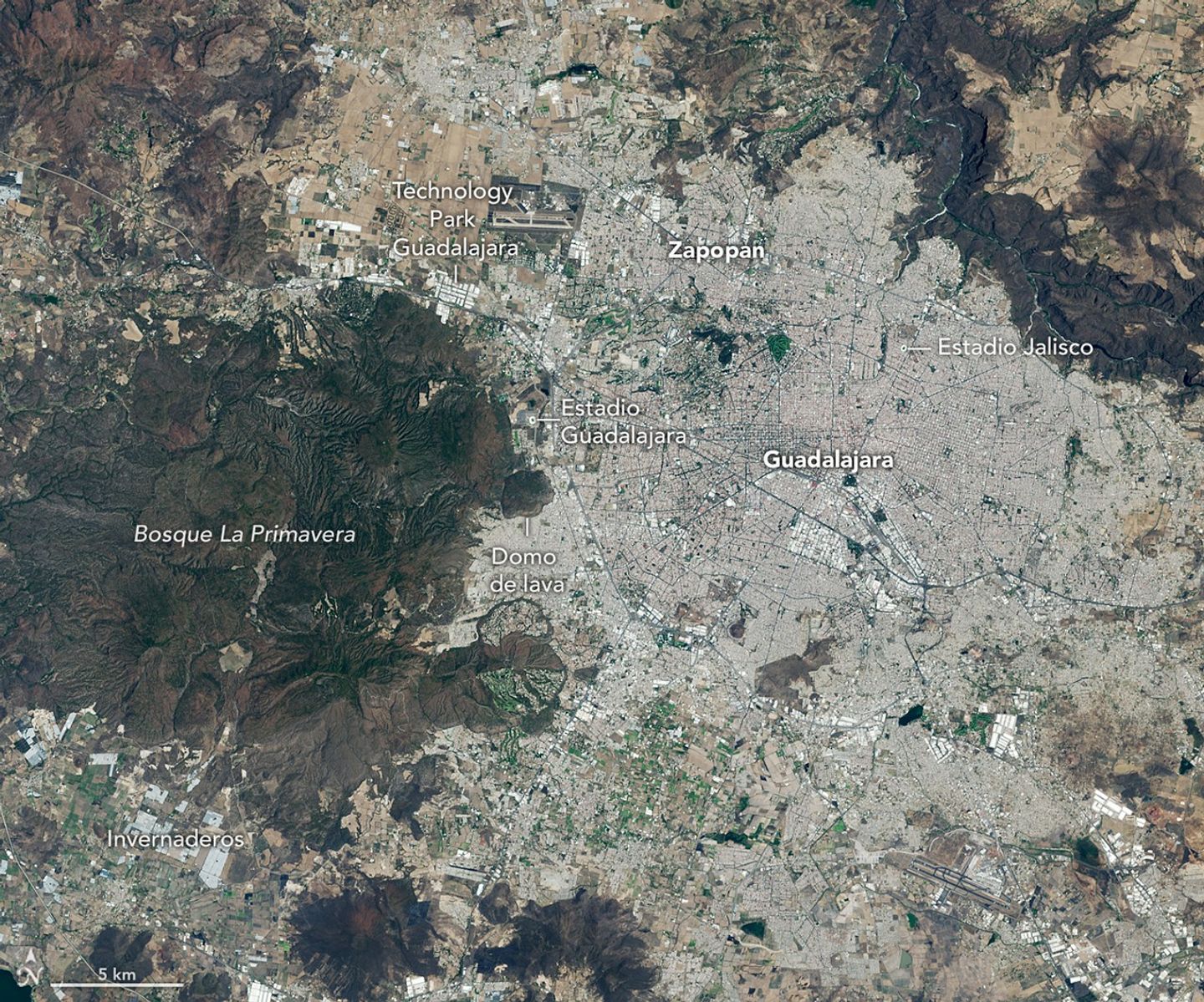 Imagen de satélite Landsat 8 de Guadalajara, México. La extensa ciudad gris domina la imagen y está rodeada por cuadrículas de tierras de cultivo y oscuras cadenas montañosas.