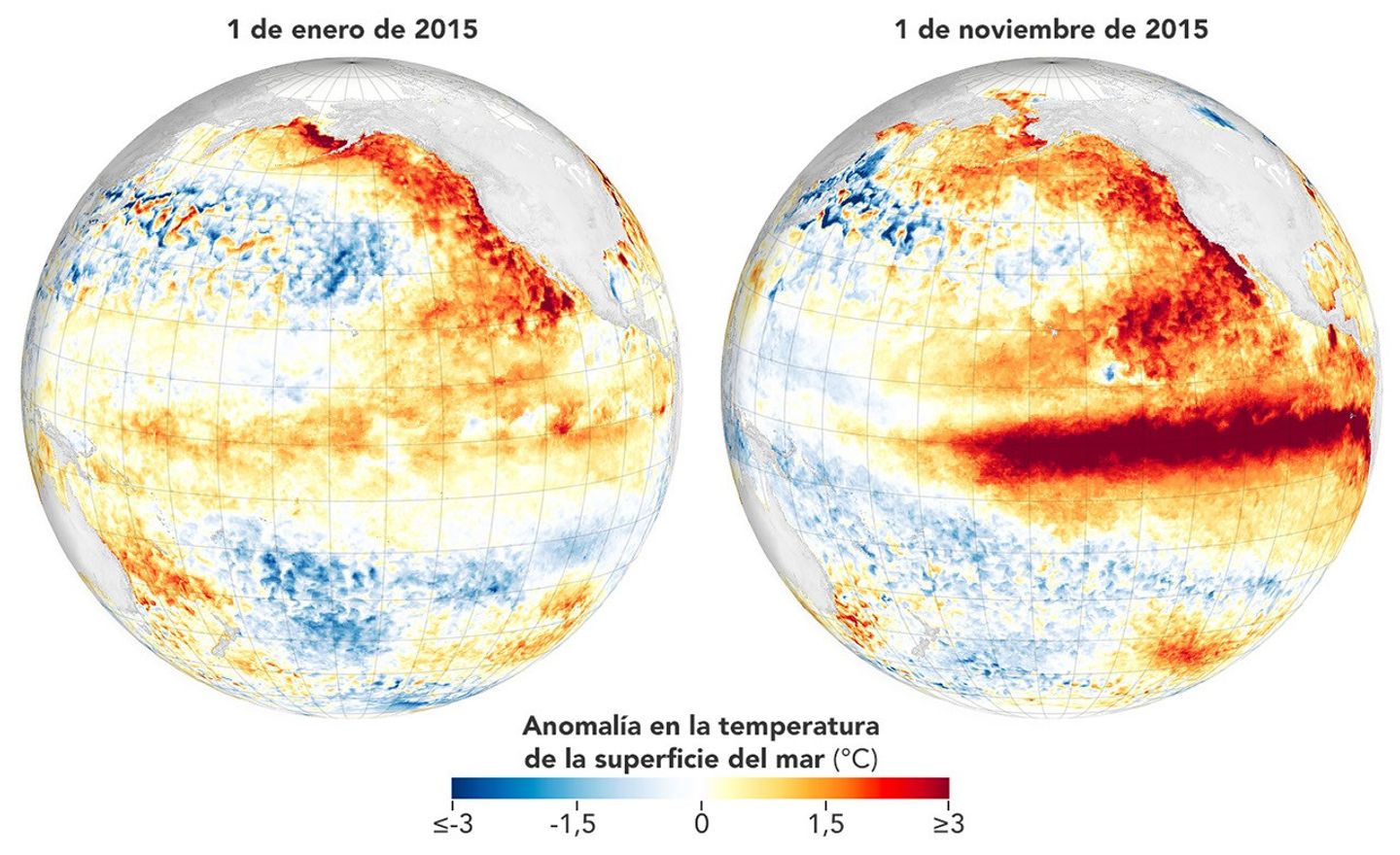 El Niño está asociado con temperaturas de la superficie del mar ecuatorial superiores al promedio. El calor característico de El Niño es evidente en el mapa de noviembre de 2015.
