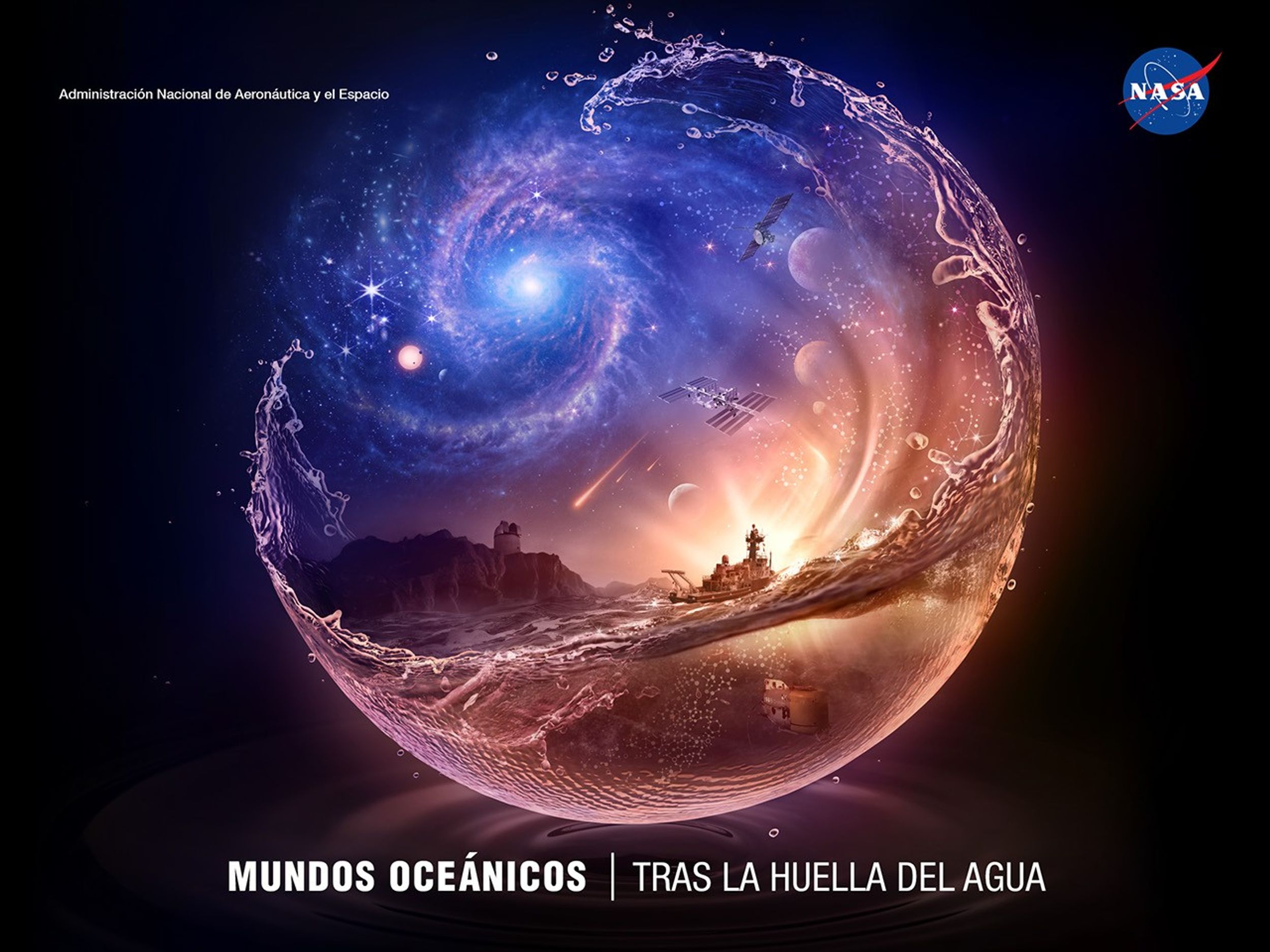 Esta ilustración muestra un corte seccional de una ola oceánica en colores rosados, azules y morados del atardecer. La ola sube hacia la derecha, siguiendo el movimiento de las auroras rosadas y doradas luminiscentes en el horizonte. Las auroras se curvan hacia arriba a través del cielo, hasta juntarse con una gran galaxia espiral de tonos azules y morados en la parte superior izquierda. En el lado más apartado de la galaxia, hay un sistema de exoplanetas y lejanas galaxias de campo profundo. En la trayectoria de las auroras está la Luna de la Tierra, el asteroide Bennu, Marte y Europa: todos cuerpos de nuestro sistema solar donde se ha encontrado agua. Sobre el horizonte, la Estación Espacial Internacional se mantiene en el cielo, mientras que la misión Europa Clipper sobrevuela cerca de la luna helada de Júpiter. Desde las profundidades del océano se elevan estructuras moleculares, que se convierten en constelaciones al llegar al cielo. Estas siguen a las auroras en su trayectoria hacia arriba, hacia la galaxia, conectando la vida con las estrellas. Unos cuantos meteoros cruzan la región central del cielo. Iluminado desde atrás por el sol poniente, un buque de investigación financiado por la NASA navega en primer plano. Debajo de la superficie, el sumergible de la embarcación explora las profundidades del océano. Un observatorio terrestre se levanta sobre un acantilado en el horizonte.