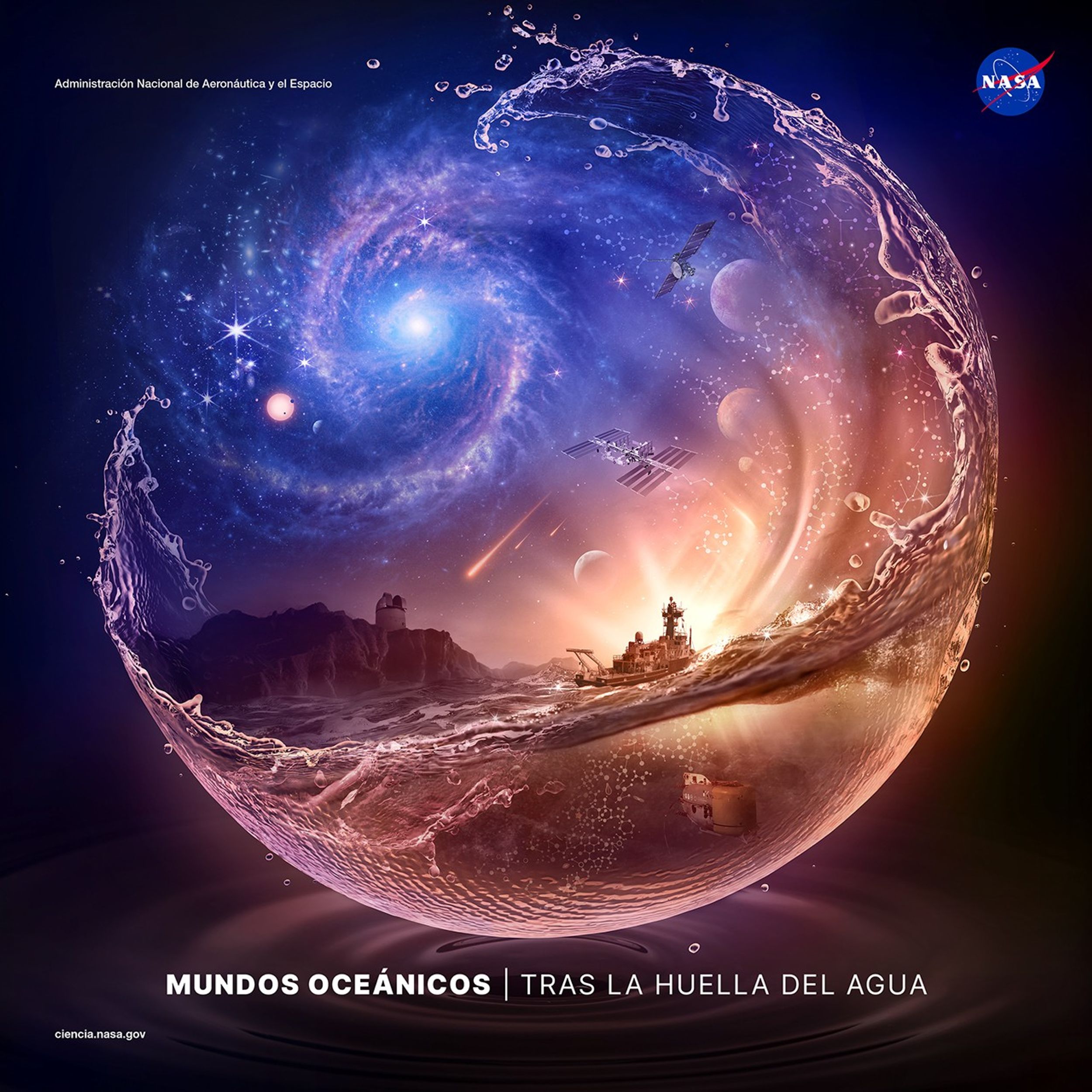 Esta ilustración muestra un corte seccional de una ola oceánica en colores rosados, azules y morados del atardecer. La ola sube hacia la derecha, siguiendo el movimiento de las auroras rosadas y doradas luminiscentes en el horizonte. Las auroras se curvan hacia arriba a través del cielo, hasta juntarse con una gran galaxia espiral de tonos azules y morados en la parte superior izquierda. En el lado más apartado de la galaxia, hay un sistema de exoplanetas y lejanas galaxias de campo profundo. En la trayectoria de las auroras está la Luna de la Tierra, el asteroide Bennu, Marte y Europa: todos cuerpos de nuestro sistema solar donde se ha encontrado agua. Sobre el horizonte, la Estación Espacial Internacional se mantiene en el cielo, mientras que la misión Europa Clipper sobrevuela cerca de la luna helada de Júpiter. Desde las profundidades del océano se elevan estructuras moleculares, que se convierten en constelaciones al llegar al cielo. Estas siguen a las auroras en su trayectoria hacia arriba, hacia la galaxia, conectando la vida con las estrellas. Unos cuantos meteoros cruzan la región central del cielo. Iluminado desde atrás por el sol poniente, un buque de investigación financiado por la NASA navega en primer plano. Debajo de la superficie, el sumergible de la embarcación explora las profundidades del océano. Un observatorio terrestre se levanta sobre un acantilado en el horizonte.