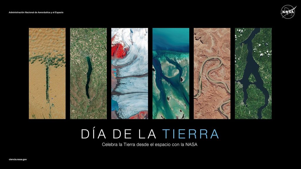 Representación artística de la palabra “Tierra” deletreada utilizando imágenes satelitales brillantes de diversas características geográficas en diferentes lugares del mundo. Cada letra es una imagen única: la “T” muestra las arenas doradas de Liwa en los Emiratos Árabes Unidos; la “I” es el lago Canandaigua, que forma parte del grupo de los lagos Finger, largos y paralelos como dedos, en el estado de Nueva York; la “E” muestra la extensión helada del glaciar Breiðamerkurjökull en Islandia; la primera “R” presenta la colorida costa de Islamorada en Florida; la segunda “R” muestra el terreno escarpado y los paisajes del Parque Nacional Canyonlands en Utah, y la “A” descubre el sereno lago Mjøsa en Noruega. Este collage es una muestra de los imponentes paisajes de nuestro planeta.
