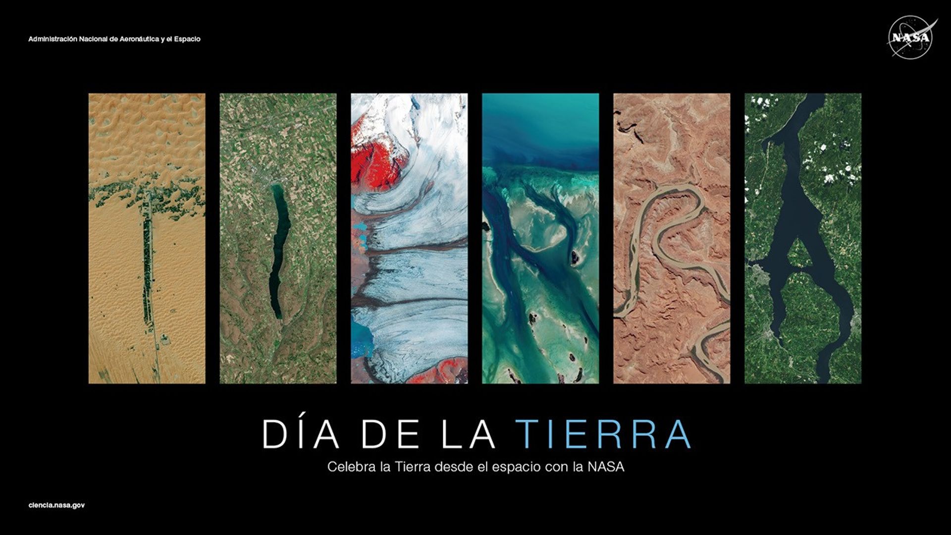 Representación artística de la palabra “Tierra” deletreada utilizando imágenes satelitales brillantes de diversas características geográficas en diferentes lugares del mundo. Cada letra es una imagen única: la “T” muestra las arenas doradas de Liwa en los Emiratos Árabes Unidos; la “I” es el lago Canandaigua, que forma parte del grupo de los lagos Finger, largos y paralelos como dedos, en el estado de Nueva York; la “E” muestra la extensión helada del glaciar Breiðamerkurjökull en Islandia; la primera “R” presenta la colorida costa de Islamorada en Florida; la segunda “R” muestra el terreno escarpado y los paisajes del Parque Nacional Canyonlands en Utah, y la “A” descubre el sereno lago Mjøsa en Noruega. Este collage es una muestra de los imponentes paisajes de nuestro planeta.