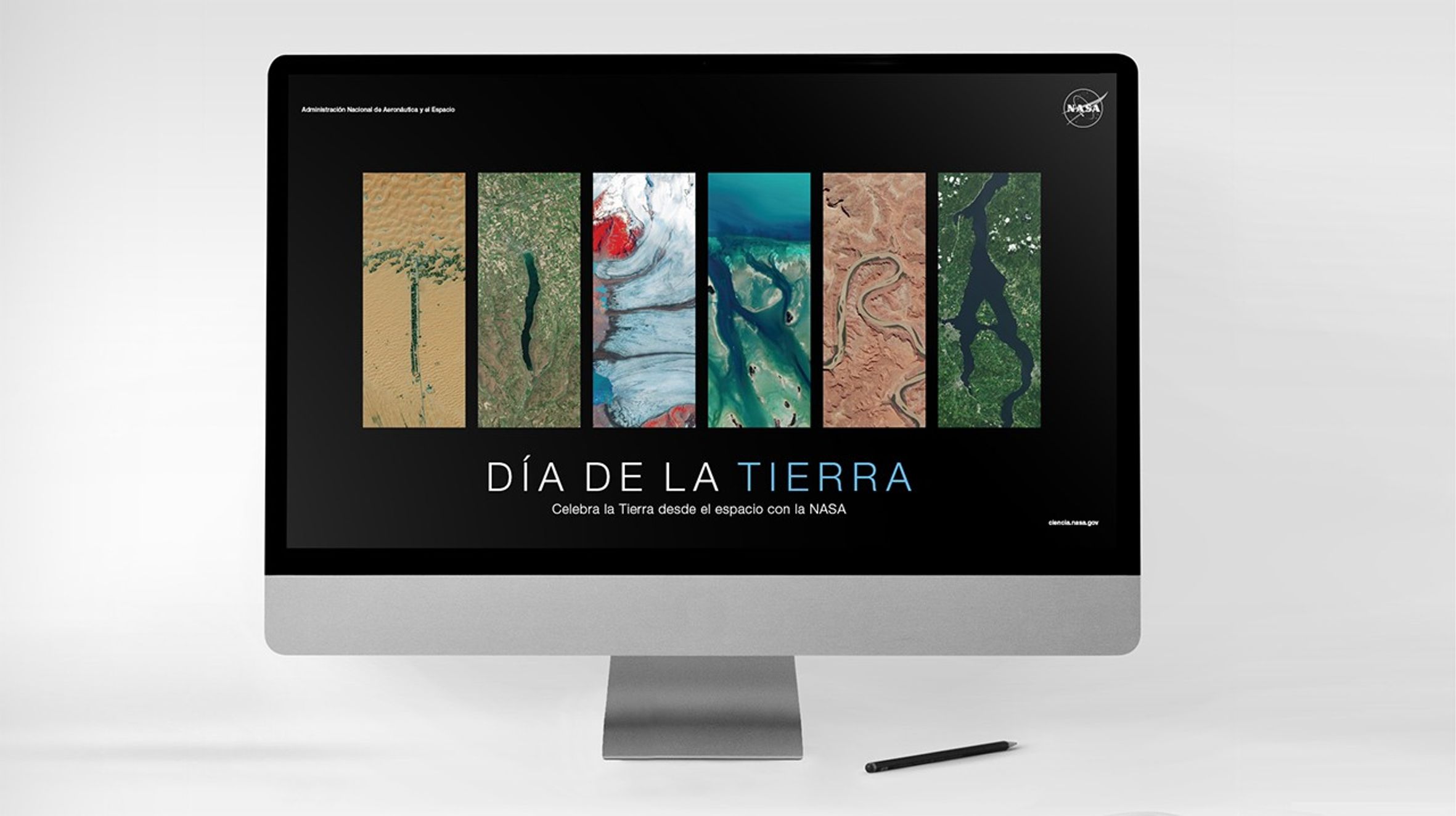 Representación artística de la palabra “Tierra” deletreada utilizando imágenes satelitales brillantes de diversas características geográficas en diferentes lugares del mundo. Cada letra es una imagen única: la “T” muestra las arenas doradas de Liwa en los Emiratos Árabes Unidos; la “I” es el lago Canandaigua, que forma parte del grupo de los lagos Finger, largos y paralelos como dedos, en el estado de Nueva York; la “E” muestra la extensión helada del glaciar Breiðamerkurjökull en Islandia; la primera “R” presenta la colorida costa de Islamorada en Florida; la segunda “R” muestra el terreno escarpado y los paisajes del Parque Nacional Canyonlands en Utah, y la “A” descubre el sereno lago Mjøsa en Noruega. Este collage es una muestra de los imponentes paisajes de nuestro planeta.
