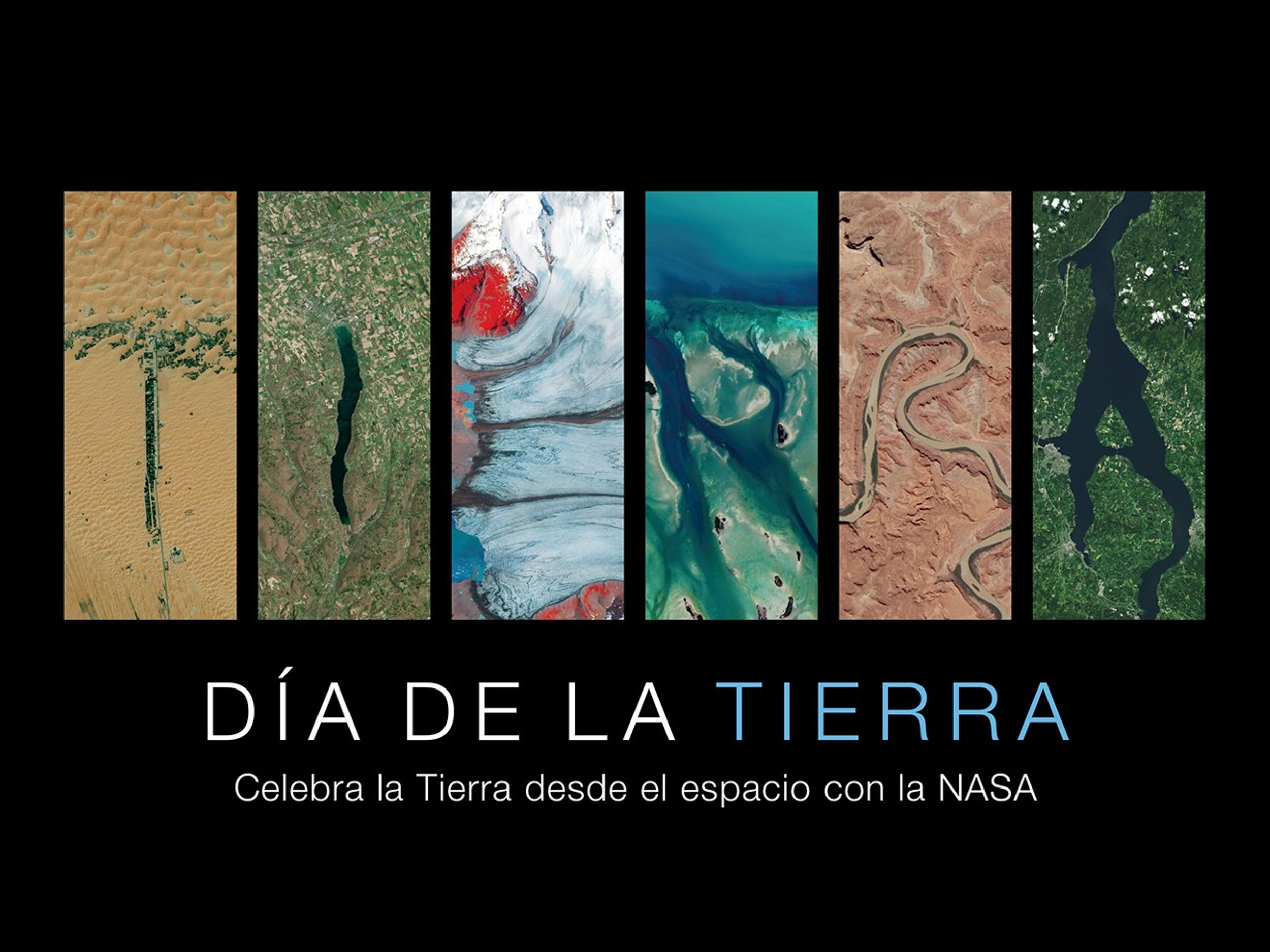 Representación artística de la palabra “Tierra” deletreada utilizando imágenes satelitales brillantes de diversas características geográficas en diferentes lugares del mundo. Cada letra es una imagen única: la “T” muestra las arenas doradas de Liwa en los Emiratos Árabes Unidos; la “I” es el lago Canandaigua, que forma parte del grupo de los lagos Finger, largos y paralelos como dedos, en el estado de Nueva York; la “E” muestra la extensión helada del glaciar Breiðamerkurjökull en Islandia; la primera “R” presenta la colorida costa de Islamorada en Florida; la segunda “R” muestra el terreno escarpado y los paisajes del Parque Nacional Canyonlands en Utah, y la “A” descubre el sereno lago Mjøsa en Noruega. Este collage es una muestra de los imponentes paisajes de nuestro planeta.