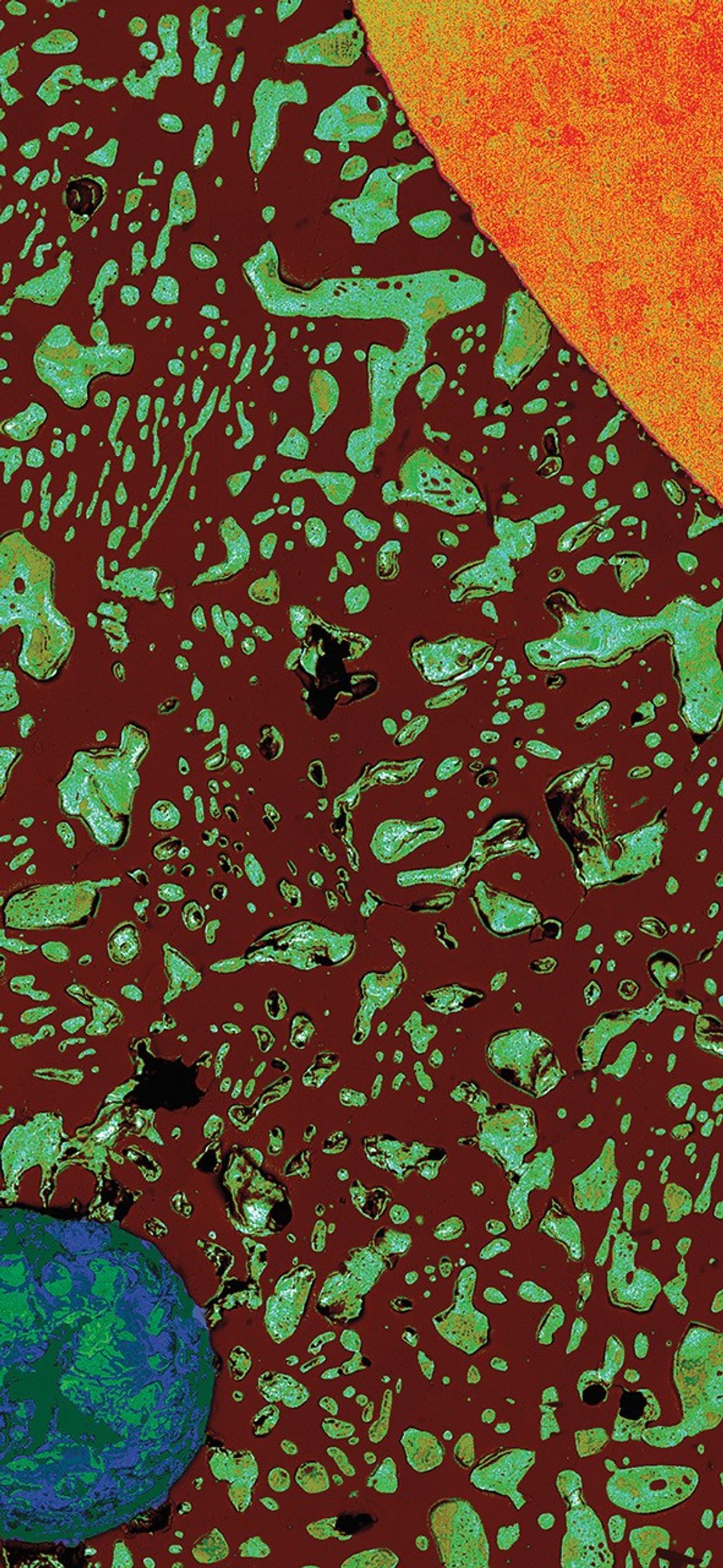 Microscopic cross-section of a solder bead showing a copper wire (orange, upper left) and void (blue-green circle, lower right) surrounded by dark brown and greenish-blue solder material, resembling a solar system with the wire as the sun and void as Earth.