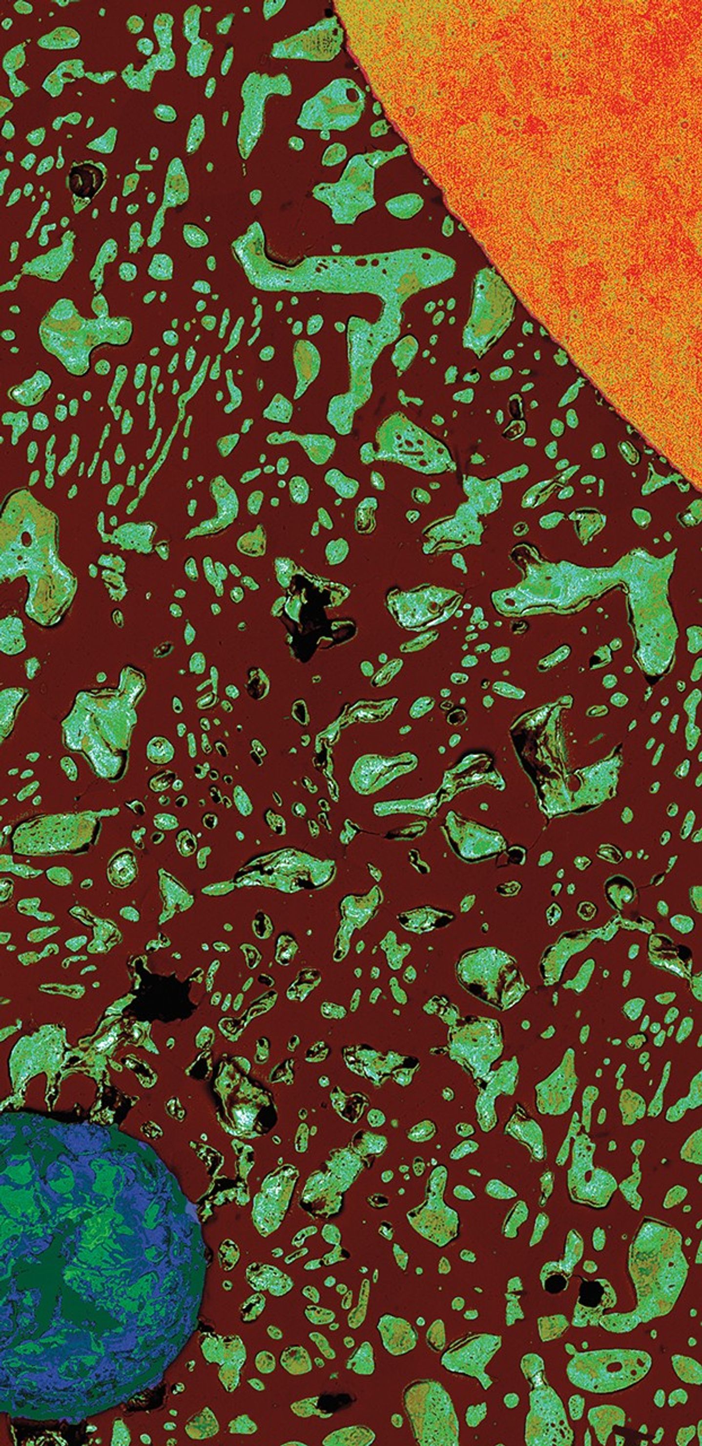 Microscopic cross-section of a solder bead showing a copper wire (orange, upper left) and void (blue-green circle, lower right) surrounded by dark brown and greenish-blue solder material, resembling a solar system with the wire as the sun and void as Earth.