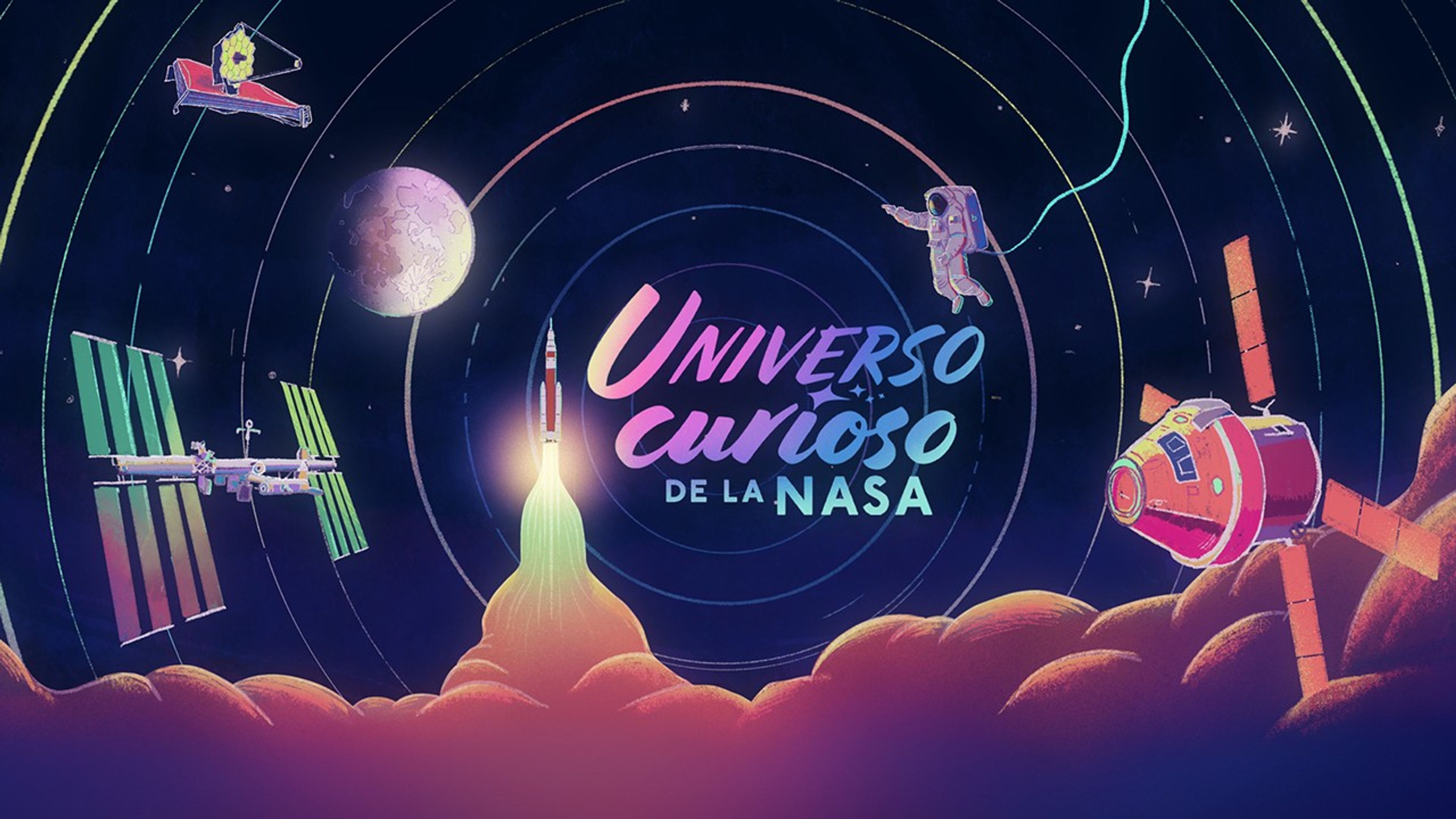 Arte de portada del pódcast Universo curioso de la NASA. La imagen es una ilustración animada que contiene el logo del pódcast en degradé de fucsia a celeste (centro) y una serie de objetos referentes al espacio: la Estación Espacial Internacional, un cohete despegándotelos, un telescopio espacial, un astronauta y la nave espacial Orion. El fondo es violeta oscuro y hay algunas estrellas dibujadas en color blanco. Una serie de anillos finos se expanden desde el centro y se abren y contraen.