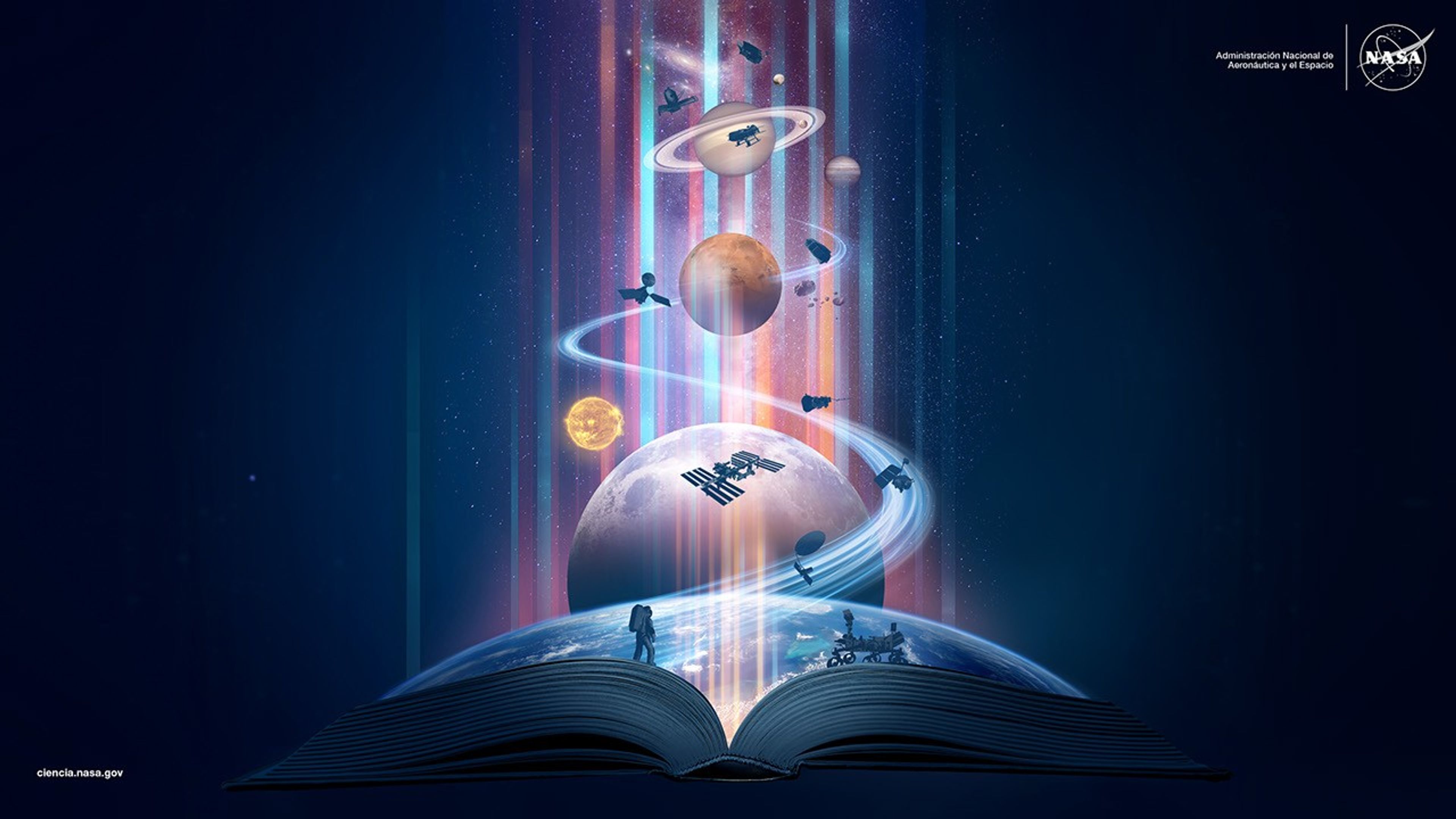 La portada del Calendario de Ciencia de la NASA 2026 conmemora el 250.o aniversario de Estados Unidos. La ilustración utiliza tonos azules con detalles cálidos en tonos pastel que muestran el viaje de exploración espacial de la humanidad. En la parte inferior, un libro de historia abierto emite luz, y la Tierra emerge por encima de él. Un camino se extiende desde el libro hacia el espacio profundo, hasta más allá de la Luna, Marte y Saturno, y muestra naves espaciales, incluyendo a NISAR, la Estación Espacial Internacional, la sonda solar Parker, los orbitadores LRO y MRO, Dragonfly, el explorador NEO, y los telescopios espaciales Webb y Roman. Un astronauta de Artemis y un explorador robótico aparecen en las páginas opuestas del libro: el astronauta da un primer paso en el trayecto cósmico para simbolizar cómo el descubrimiento científico abre el camino a la exploración humana en nuestro viaje más allá de la Tierra.