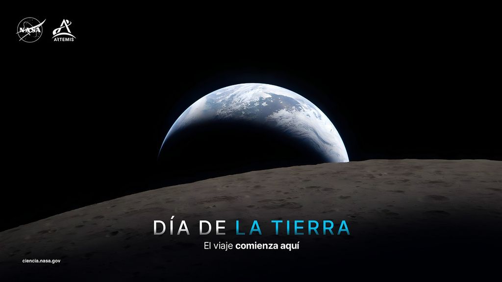 Imagen del Día de la Tierra 2026 de la NASA. Muestra la puesta de la Tierra capturada a través de la ventana de la nave espacial Orion durante el sobrevuelo de la Luna por la tripulación de Artemis II. Una Tierra de color azul tenue con nubes blancas y brillantes se oculta detrás de la superficie lunar llena de cráteres. La parte oscura de la Tierra está experimentando la noche. En el lado diurno de la Tierra, son visibles nubes arremolinadas sobre la región de Australia y Oceanía. La Luna está en el primer plano de la imagen. A lo largo de la parte inferior del póster están las palabras "Día de la Tierra" y "El viaje comienza aquí". Los logotipos de la NASA y Artemis se encuentran en la esquina superior izquierda.