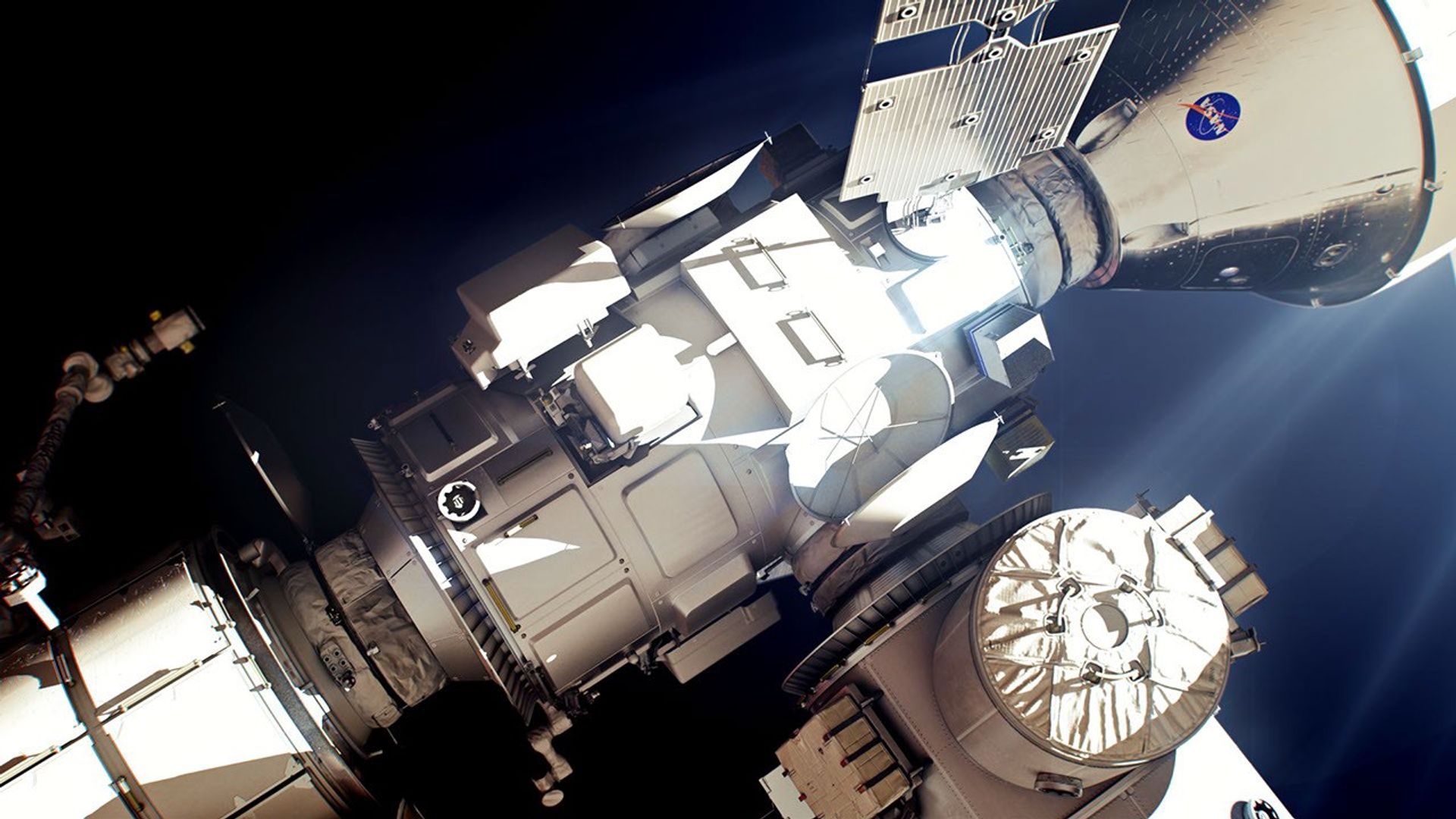 Representación artística del módulo Lunar I-Hab de la ESA en órbita alrededor de la Luna.