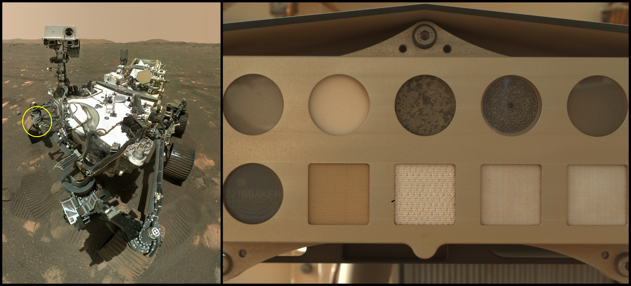 A la izquierda está Perseverance, el vehículo explorador de Marte de la NASA, con un círculo que indica la ubicación del objetivo de calibración para el instrumento SHERLOC del rover. A la derecha, se observa un primer plano del objetivo de calibración. 