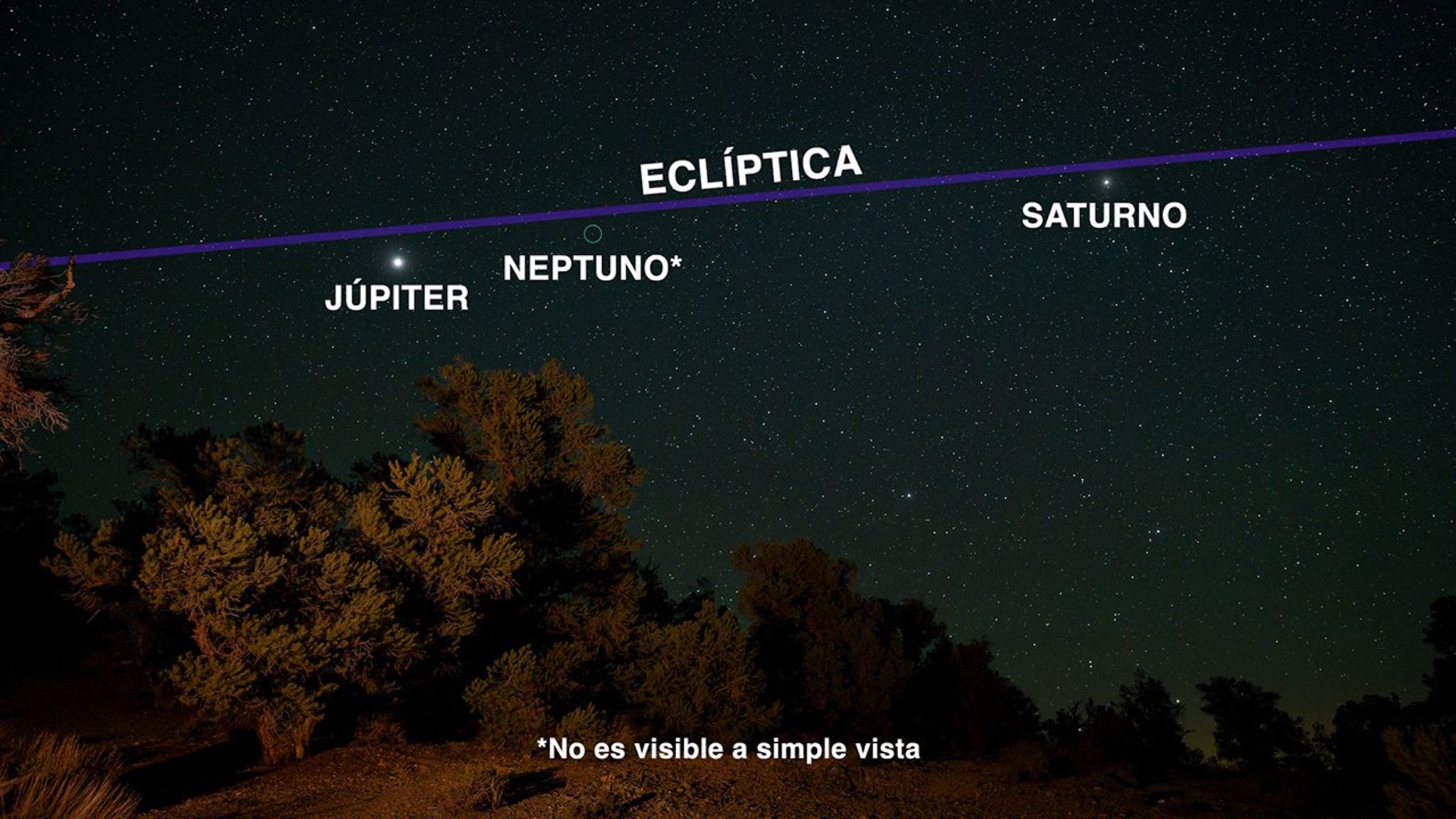 Mapa del cielo que muestra a Marte, Júpiter, Saturno y Venus haciendo un “desfile de planetas”.