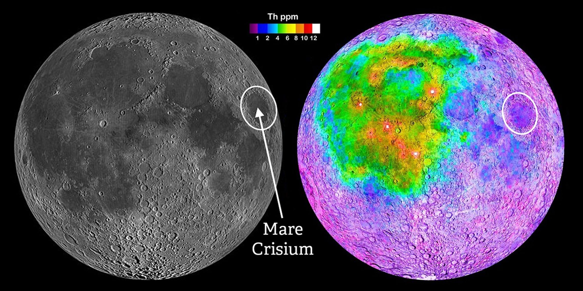 Desde el interior de la cuenca de impacto de Mare Crisium, la Sonda Magnetotelúrica Lunar (LMS) —cuya operación es dirigida por el Instituto de Investigación del Sudoeste (SwRI)— podría proporcionar las primeras mediciones geofísicas representativas de la mayor parte de la Luna. La mayoría de las misiones Apolo aterrizaron en la región de los mares conectados que están al oeste (imagen izquierda), cuya corteza se demostró más tarde que tiene una composición distinta (imagen derecha), como lo ejemplifica la concentración del elemento torio. Mare Crisium ofrece un lugar de aterrizaje con una superficie pareja en el lado cercano de la Luna, en el exterior de esta región anómala. 