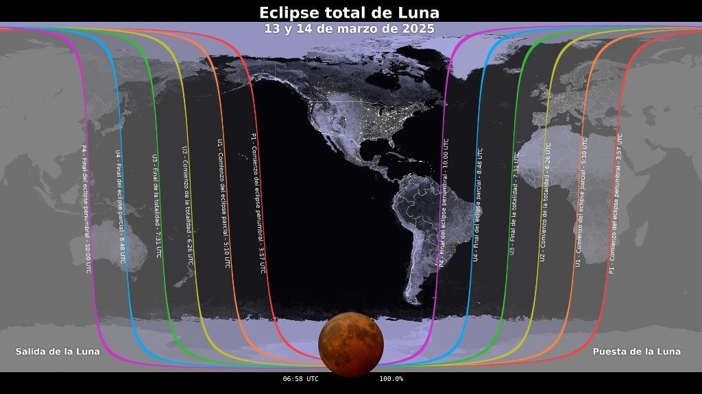 Mapa que muestra dónde será visible el eclipse lunar del 13 al 14 de marzo de 2025. Los contornos marcan el borde de la región de visibilidad en las horas de contacto del eclipse, identificados con la hora universal (UTC).