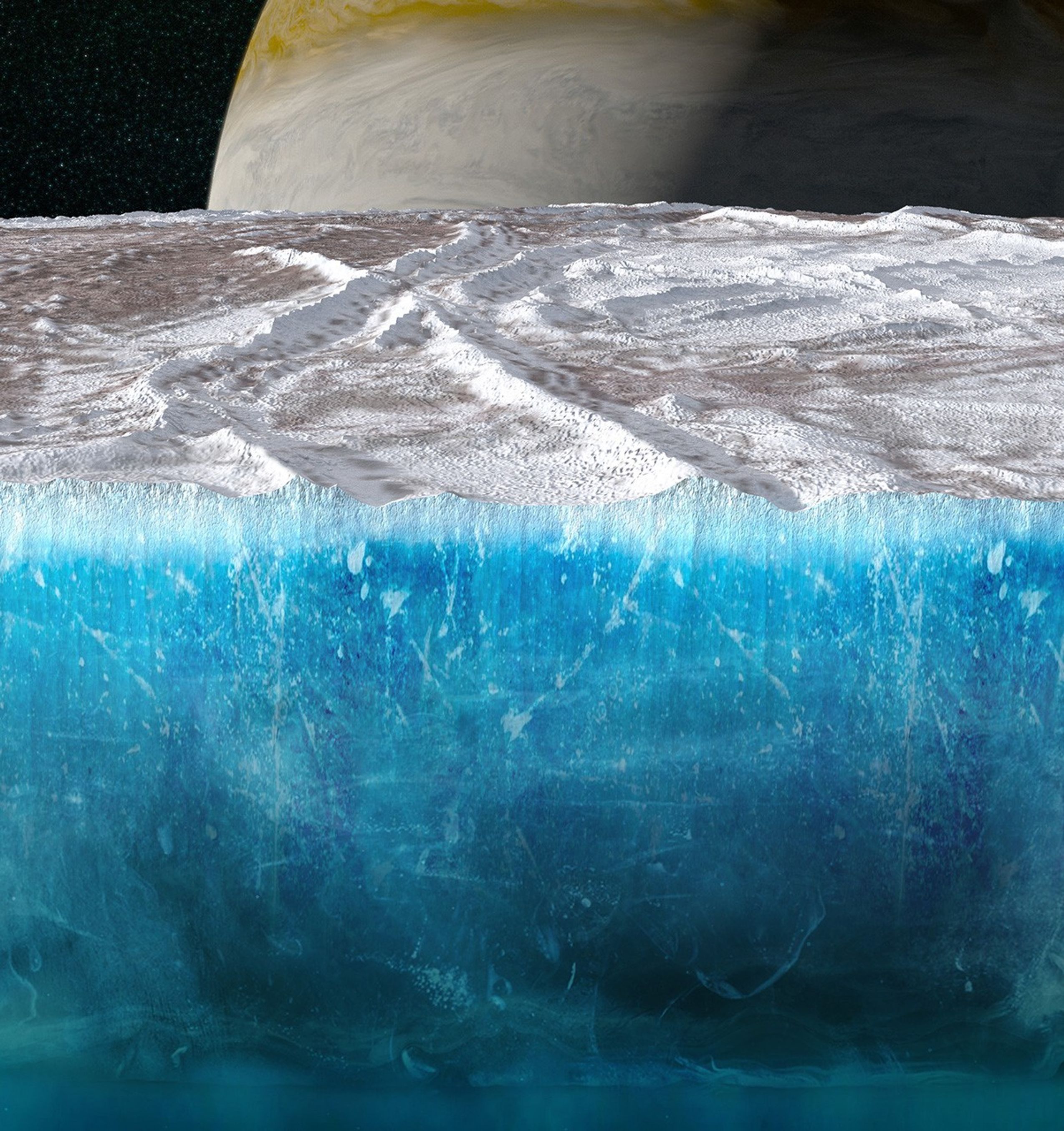 Este concepto digital muestra una vista en corte transversal de la capa de hielo de Europa.