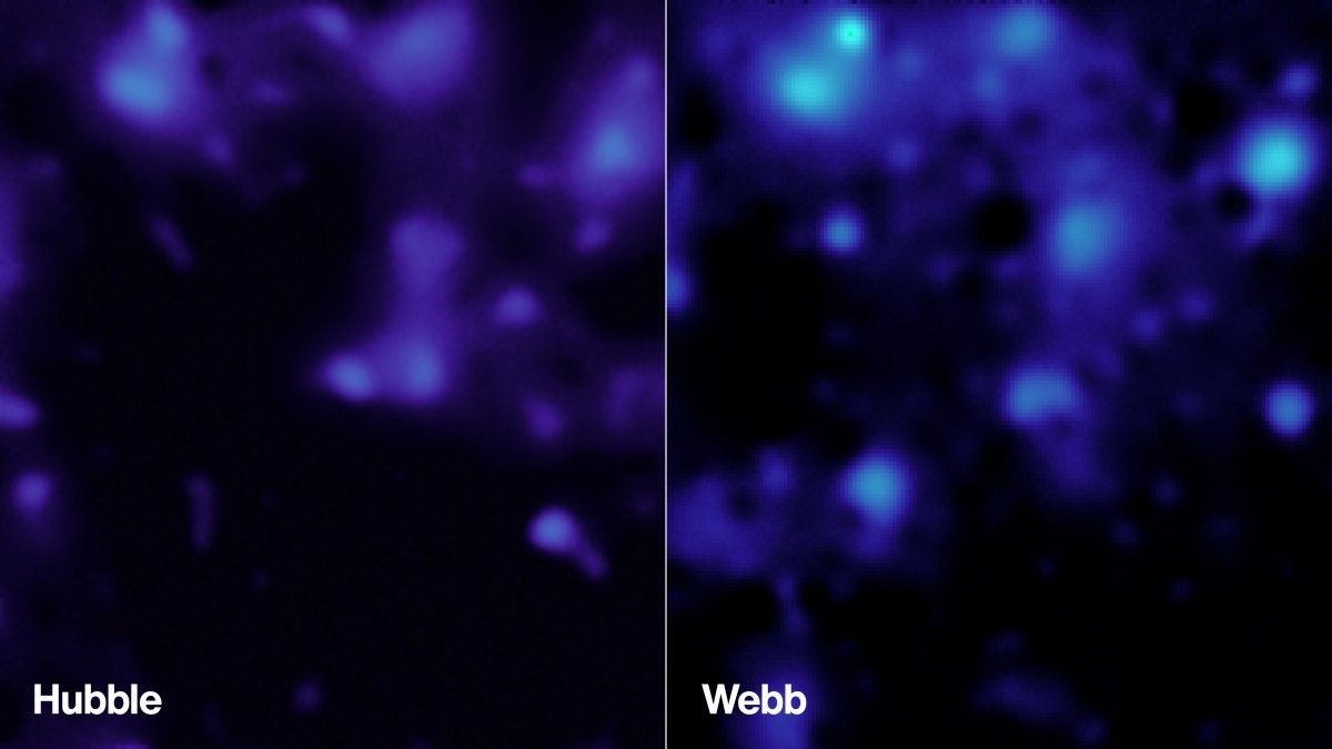 Creada a partir de datos del telescopio Webb de la NASA (derecha) y del telescopio espacial Hubble (izquierda), esta imagen muestra la presencia de materia oscura en la misma región del cielo. La mayor resolución de Webb ofrece nuevos datos sobre cómo este componente invisible influye en la distribución de la materia ordinaria en el universo.