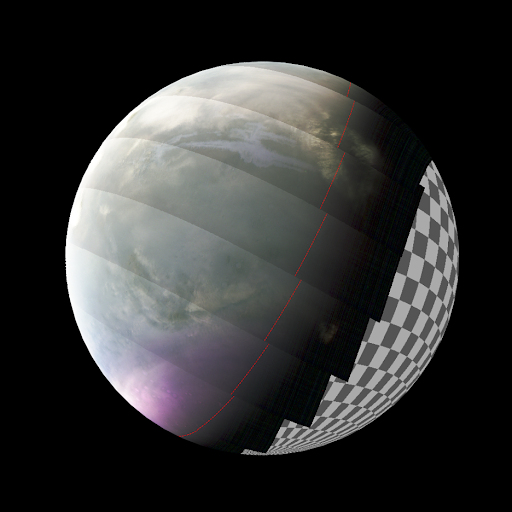 A computer generated image of Mars with approximately 80% showing the surface of Mars in bands of gray while the other 20% is a checkboard image inferring this part of the surface has not yet be rendered.