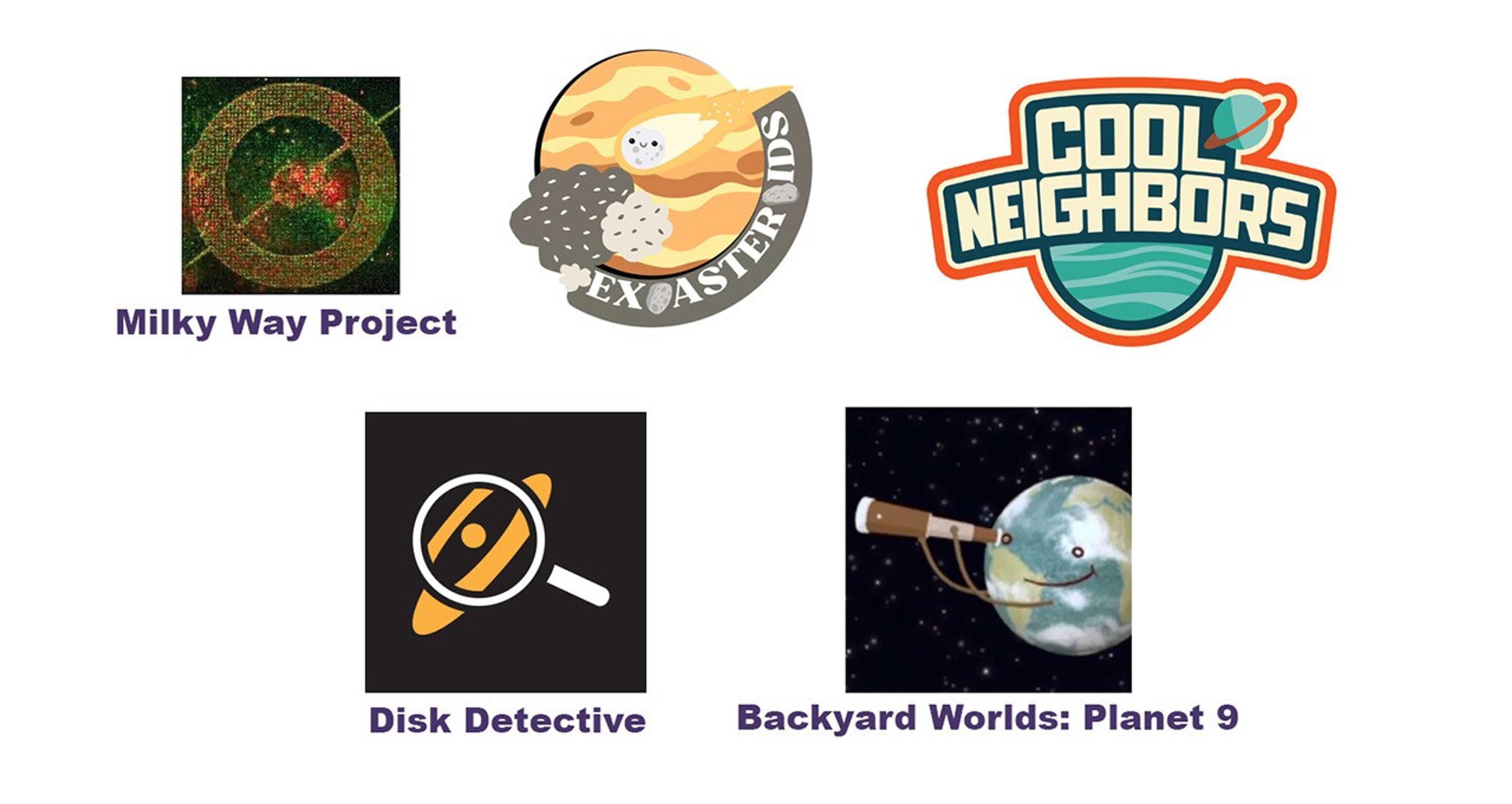A collage of space-themed citizen science project logos, including 'Milky Way Project,' 'Exoplanet Explorers,' 'Cool Neighbors,' 'Disk Detective,' and 'Backyard Worlds: Planet 9.