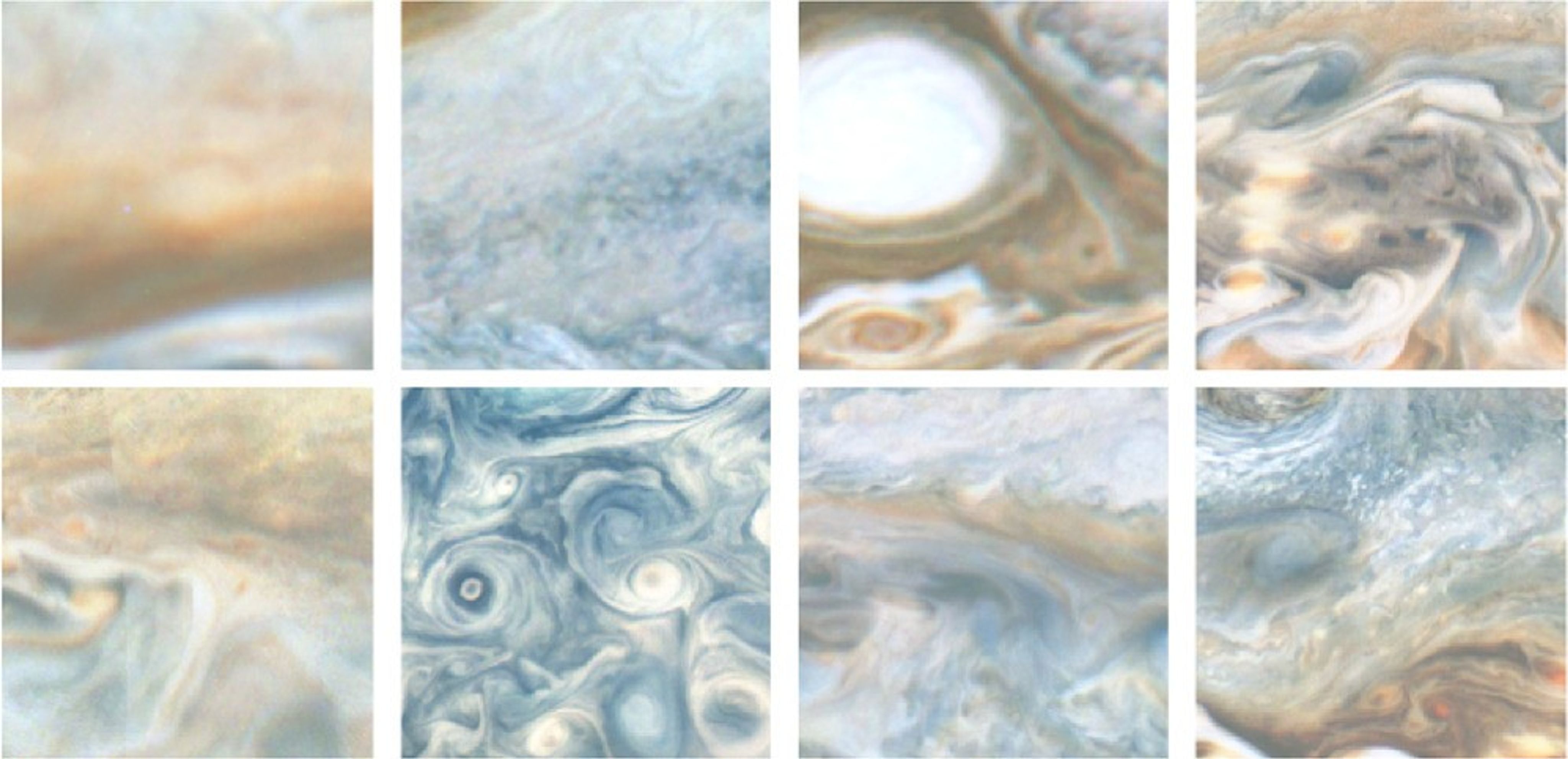 Set of eight different vortices, spinning storms, found by Jovian Vortex Hunters with instrument from NASA’s Juno mission
