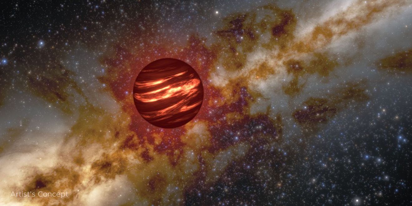 Artist’s concept of a glowing red-brown gas giant planet with bright swirling clouds, set against a star-filled galaxy background.